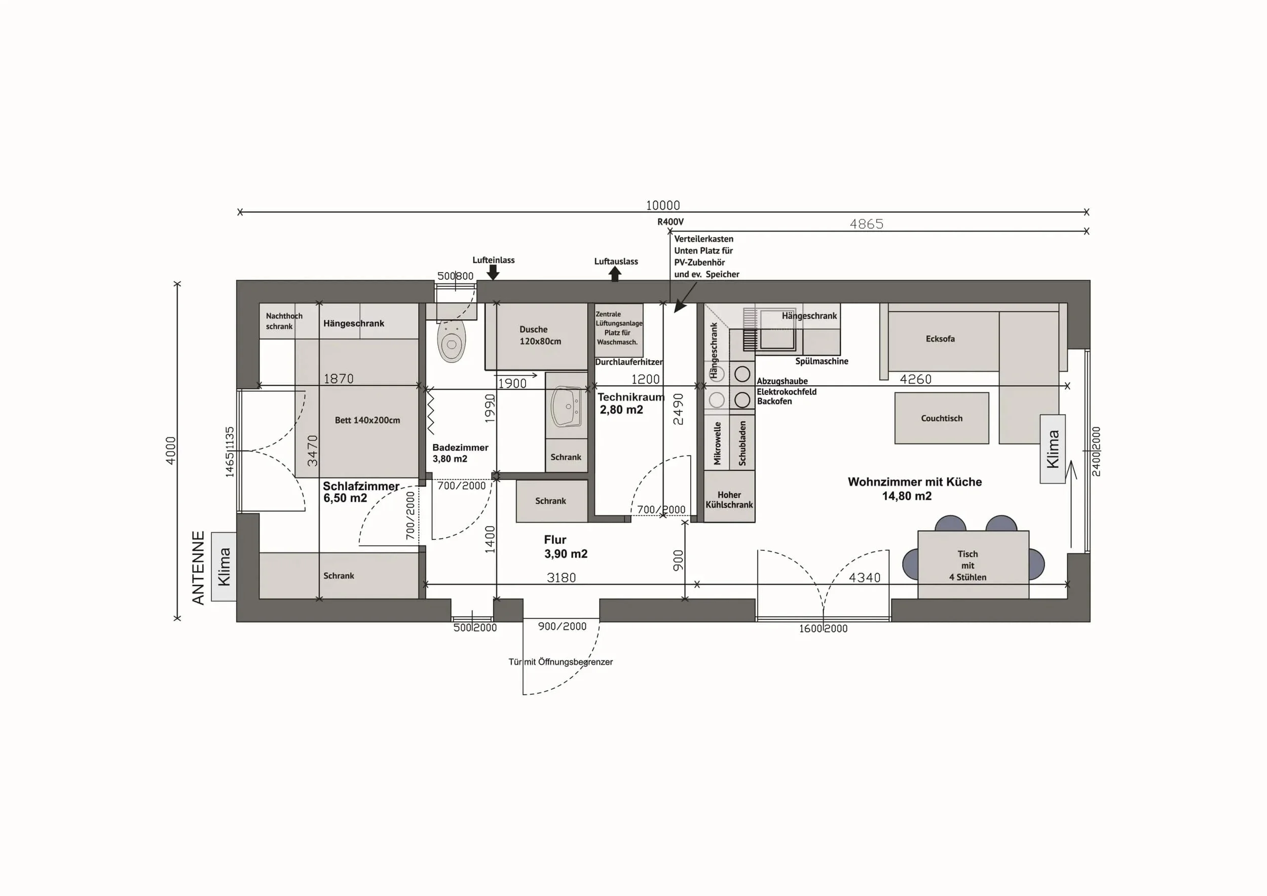 Grundriss MW40-1-A — 1 Schlafzimmer links, Bad und Technikraum mittig, Wohnzimmer mit Küche rechts (Technische Zeichnung. Möblierung zur Veranschaulichung)