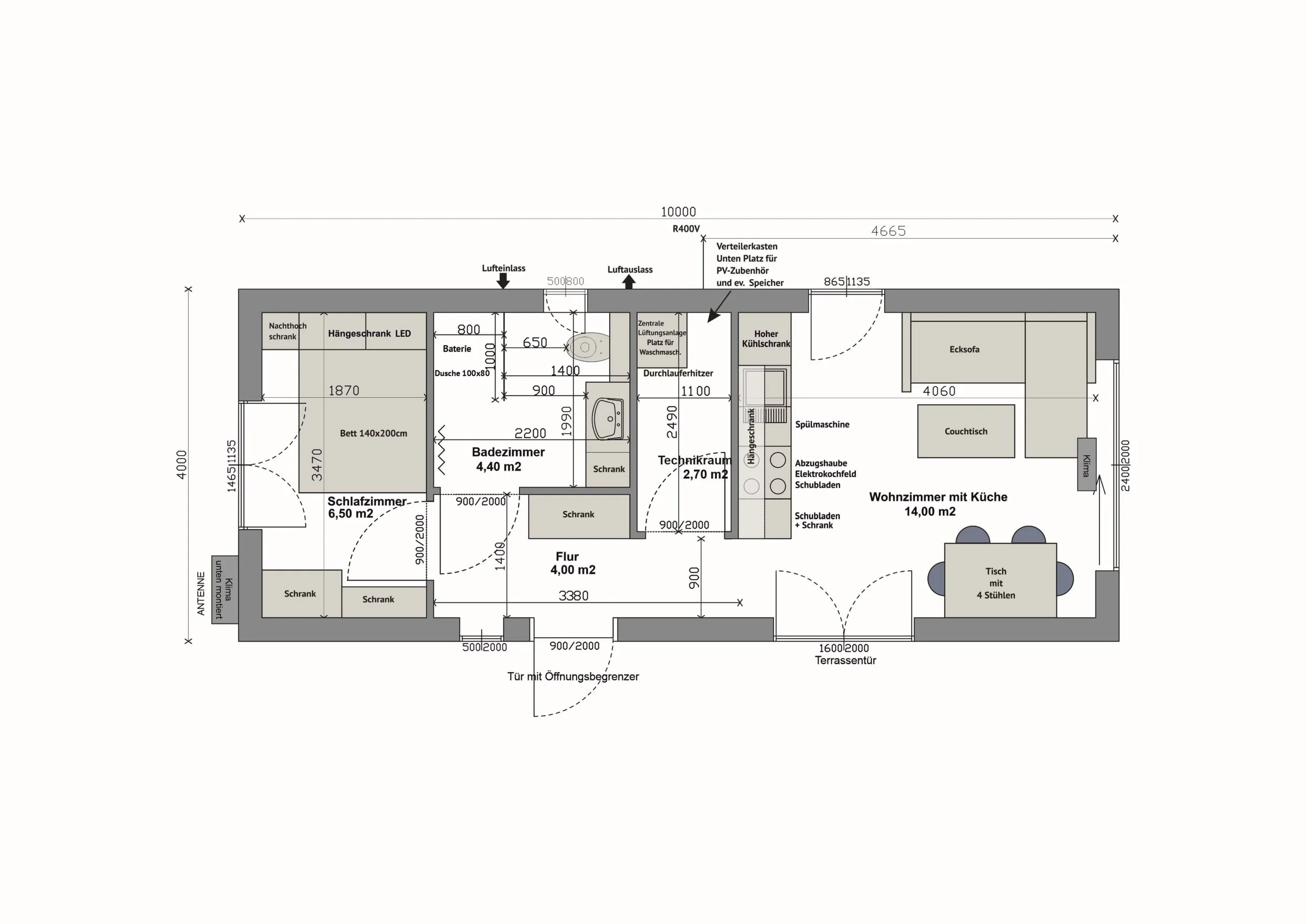 Grundriss MS40-2-A — 1 Schlafzimmer rechts, Bad und Technikraum mittig, Wohnzimmer mit Küche links (Technische Zeichnung. Möblierung zur Veranschaulichung)