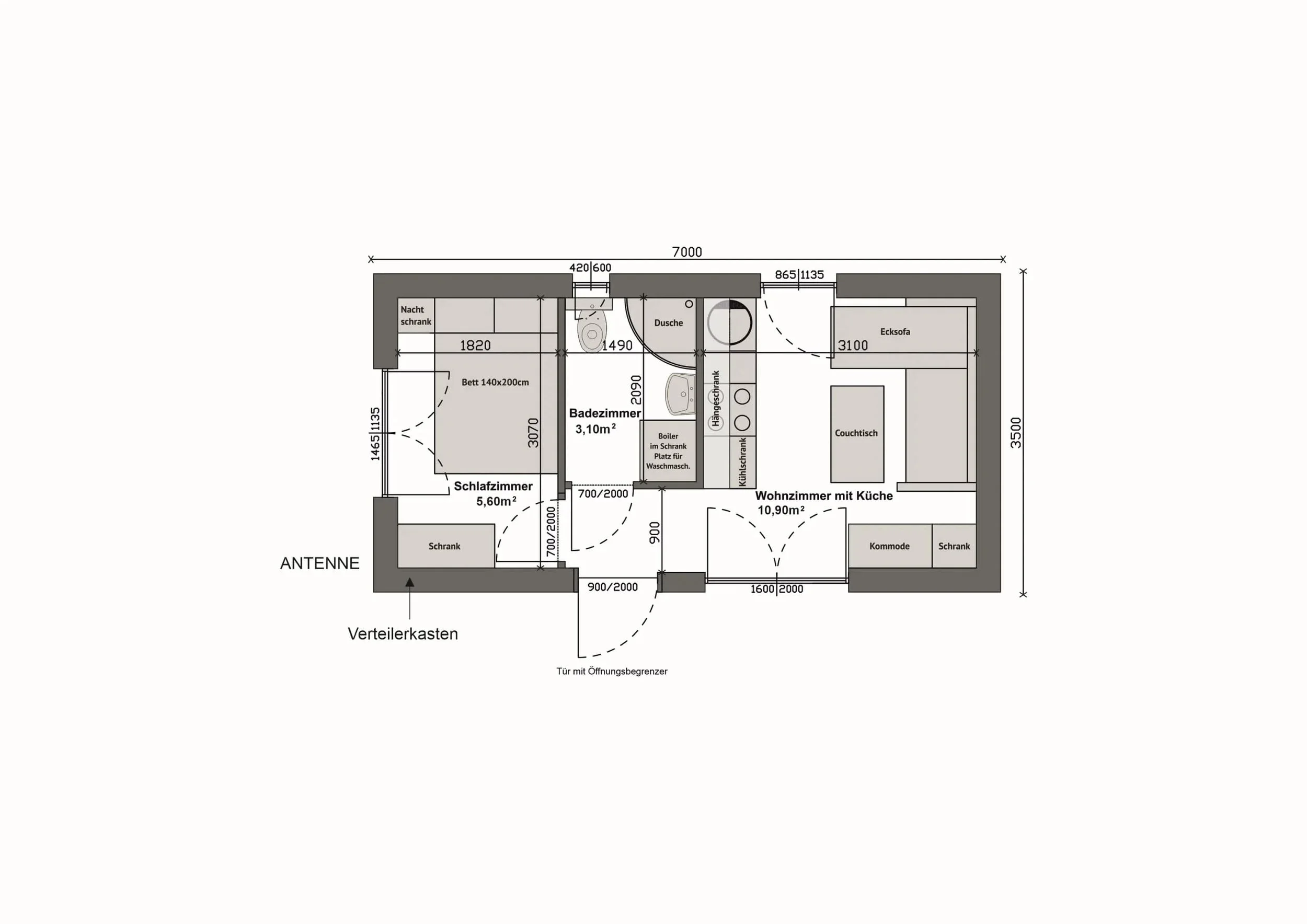 Haus MW24 — Grundriss Variante A, Bad und Schlafzimmer links, Wohn-Kochbereich rechts