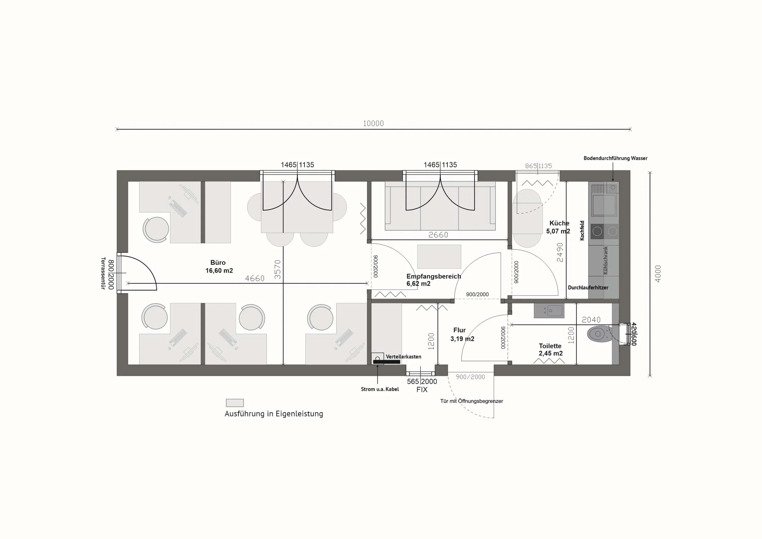 Grundriss MB40-2 — Büro 16,60 m² links, Empfangsbereich und Küche mittig/rechts, Flur und Toilette rechts (Technische Zeichnung. Möblierung zur Veranschaulichung)