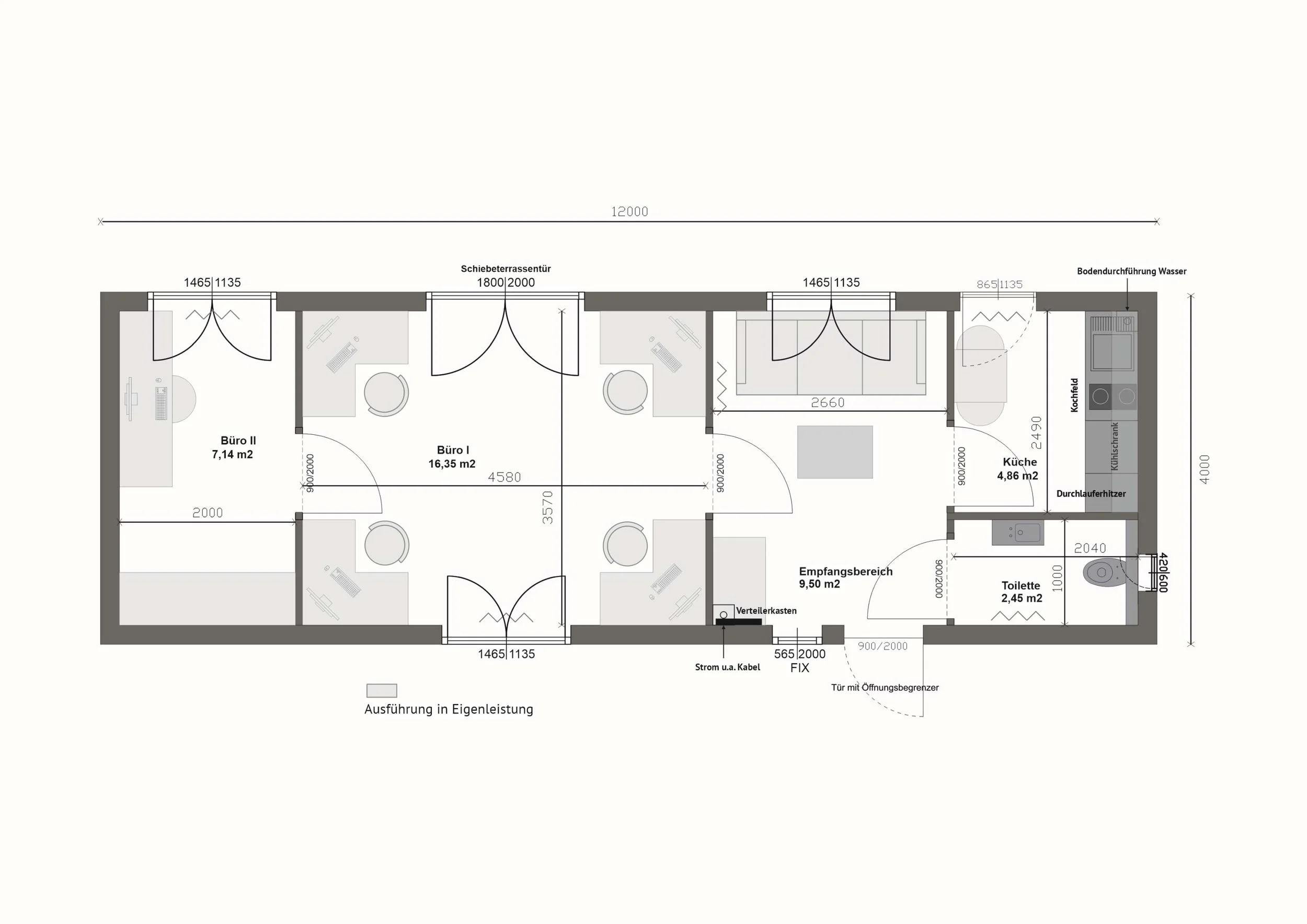 Grundriss MB48-2 — Büro I 16,35 m² und Büro II 7,14 m² links, Empfangsbereich 9,50 m² mittig, Küche 4,86 m² und Toilette 2,45 m² rechts, 12,00 × 4,00 m (Technische Zeichnung. Möblierung zur Veranschaulichung)