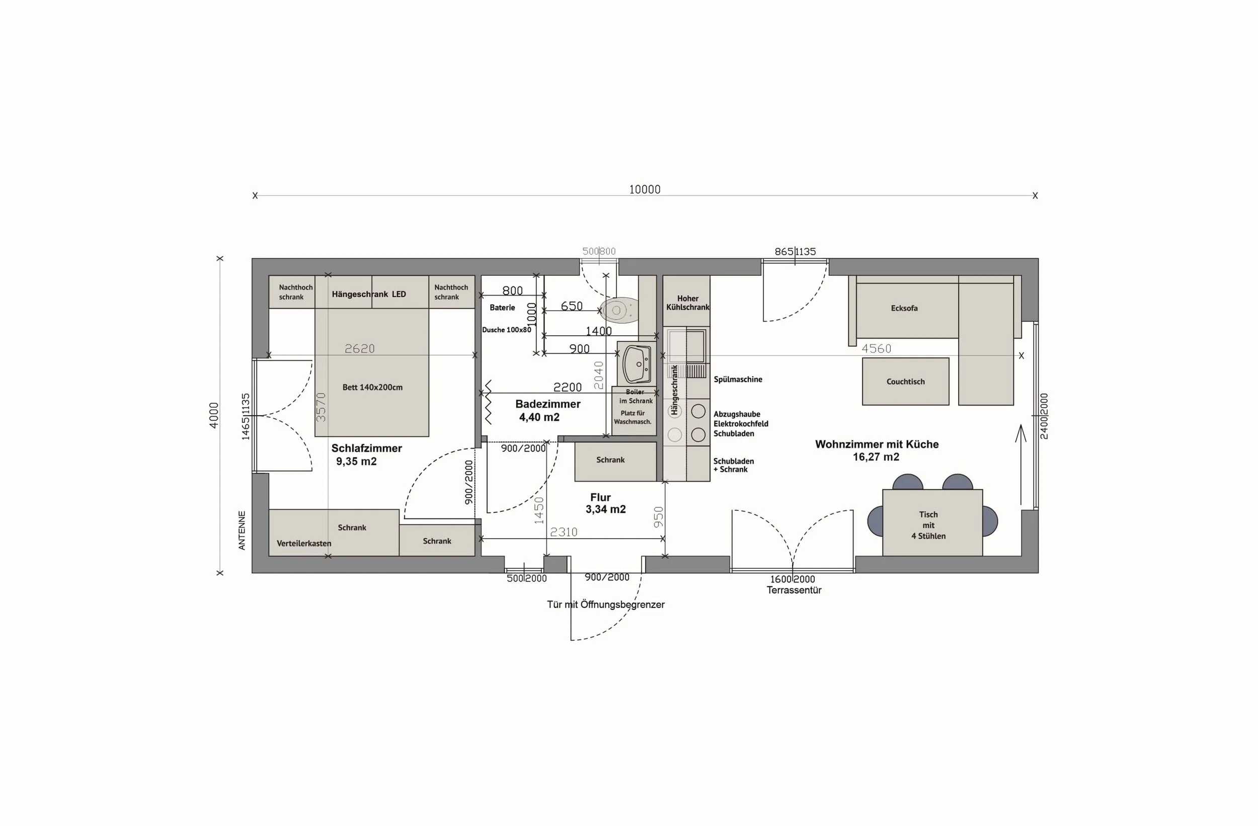 Grundriss MS40-1-B — Schlafzimmer links, Bad und Flur mittig, Wohnzimmer mit Küche rechts (Technische Zeichnung. Möblierung zur Veranschaulichung)