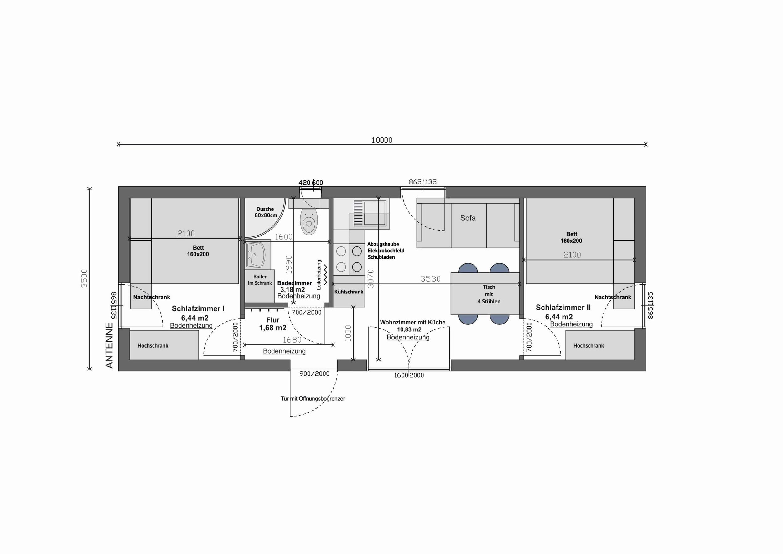 Grundriss MV35-1 — Schlafzimmer I links, Bad und Flur mittig, Wohnzimmer mit Küche mittig-rechts, Schlafzimmer II rechts (Technische Zeichnung. Möblierung zur Veranschaulichung)