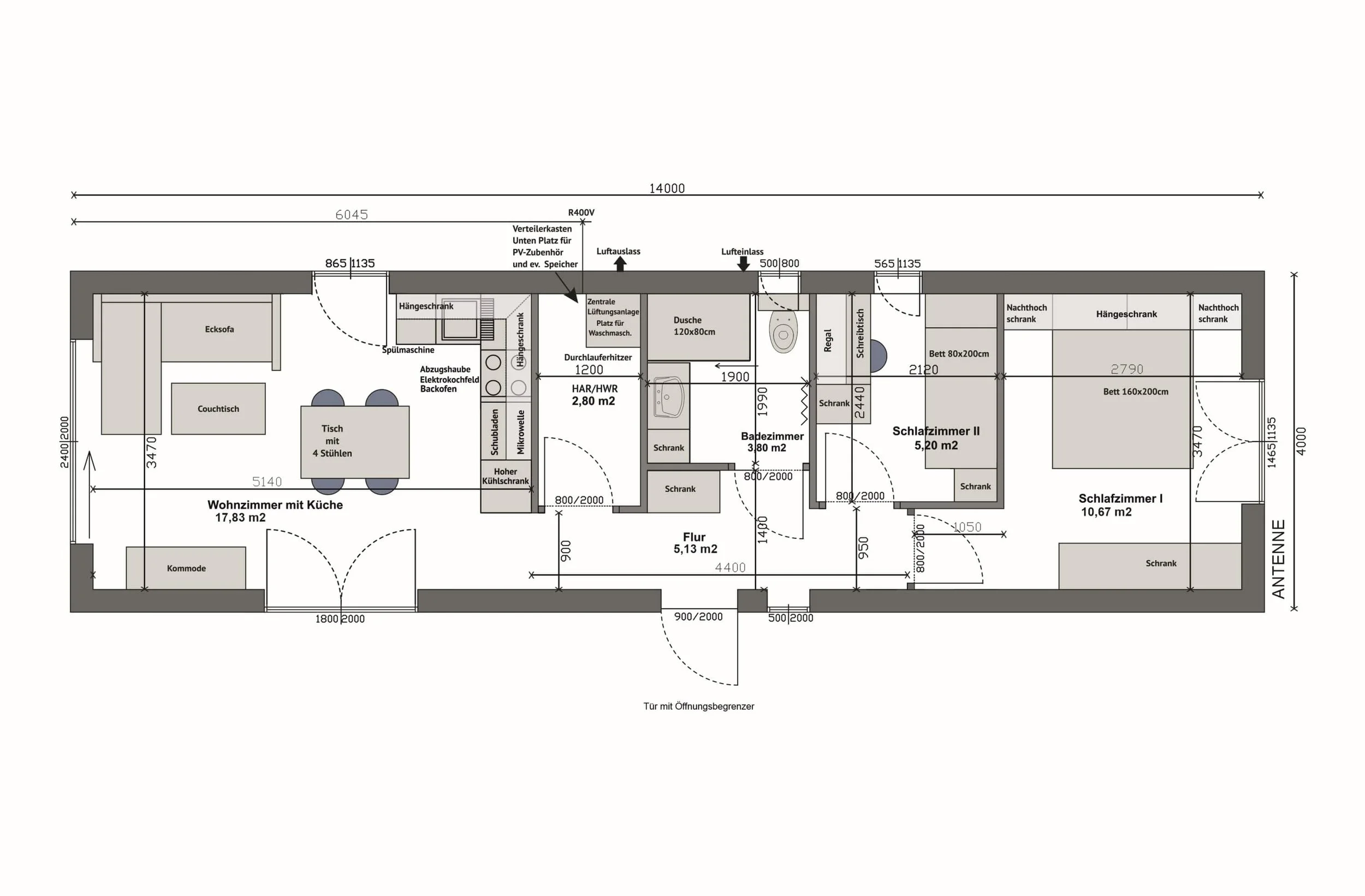 Grundriss MW56-1-B — 2 Schlafzimmer rechts, Wohnzimmer mit Küche links (vollständige Spiegelung von A) (Technische Zeichnung. Möblierung zur Veranschaulichung)