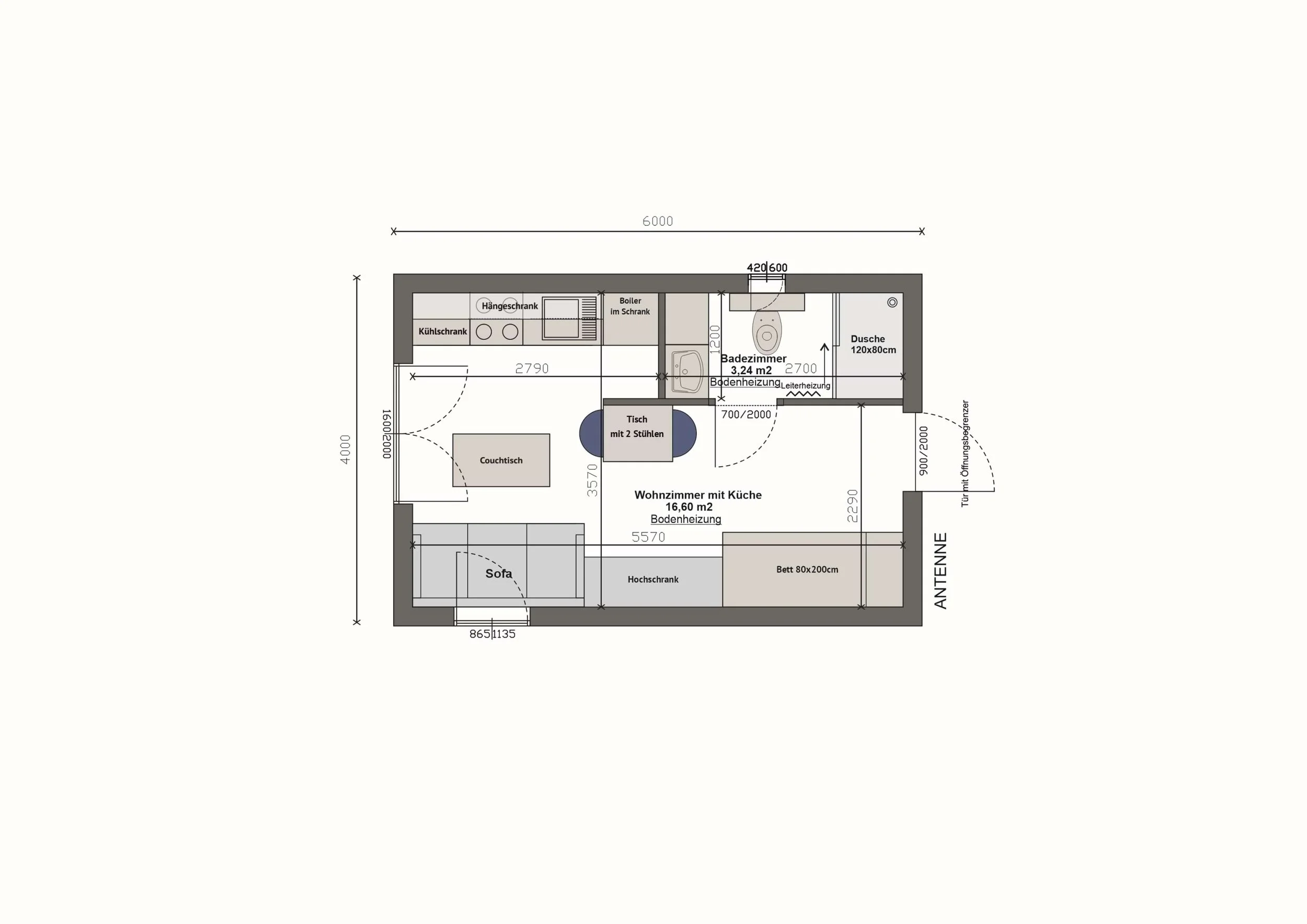 Haus MV24 — Grundriss 6 × 4 m: Wohnzimmer mit Küche 16,60 m², Badezimmer 3,24 m² mit Dusche 120 × 80 cm, Einzelbett, Fußbodenheizung (Technische Zeichnung. Möblierung zur Veranschaulichung)