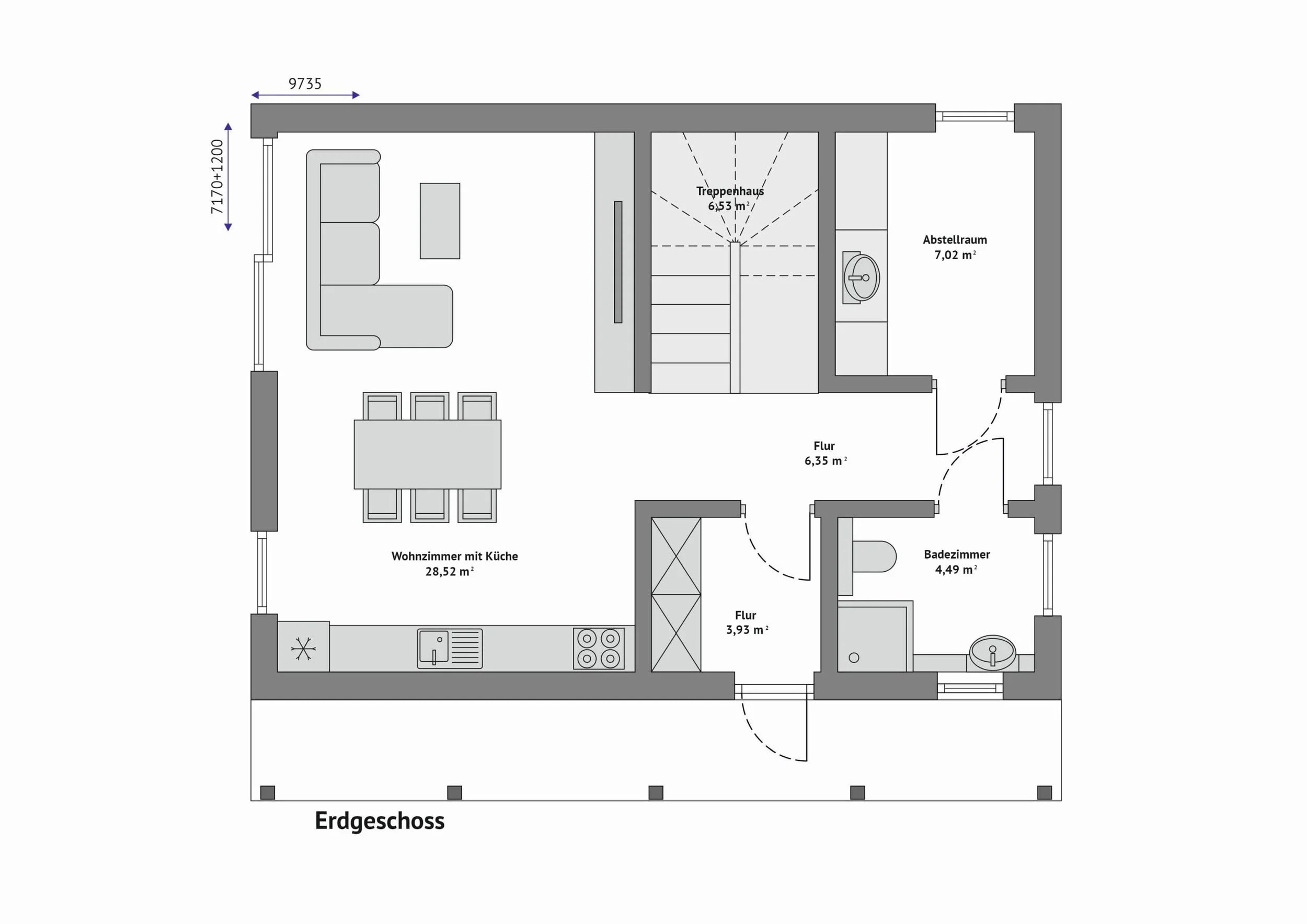 Grundriss FH-ST118 — Erdgeschoss mit Wohnzimmer und Küche, Treppenhaus, Abstellraum, Flur und Bad (Technische Zeichnung. Möblierung zur Veranschaulichung)