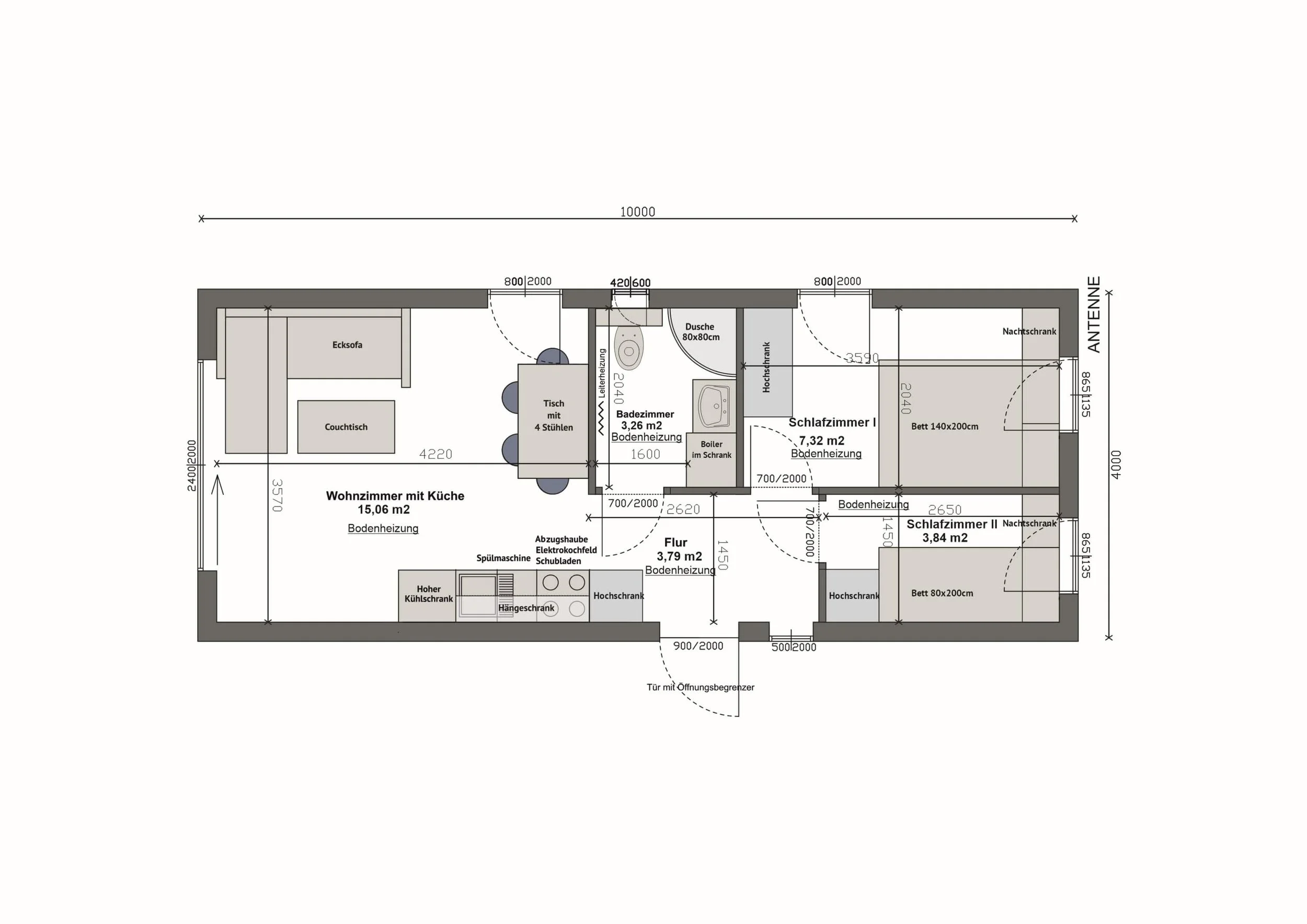 Grundriss MV40-1 — Wohnzimmer mit Küche links, Bad und Flur mittig, zwei Schlafzimmer rechts (Technische Zeichnung. Möblierung zur Veranschaulichung)