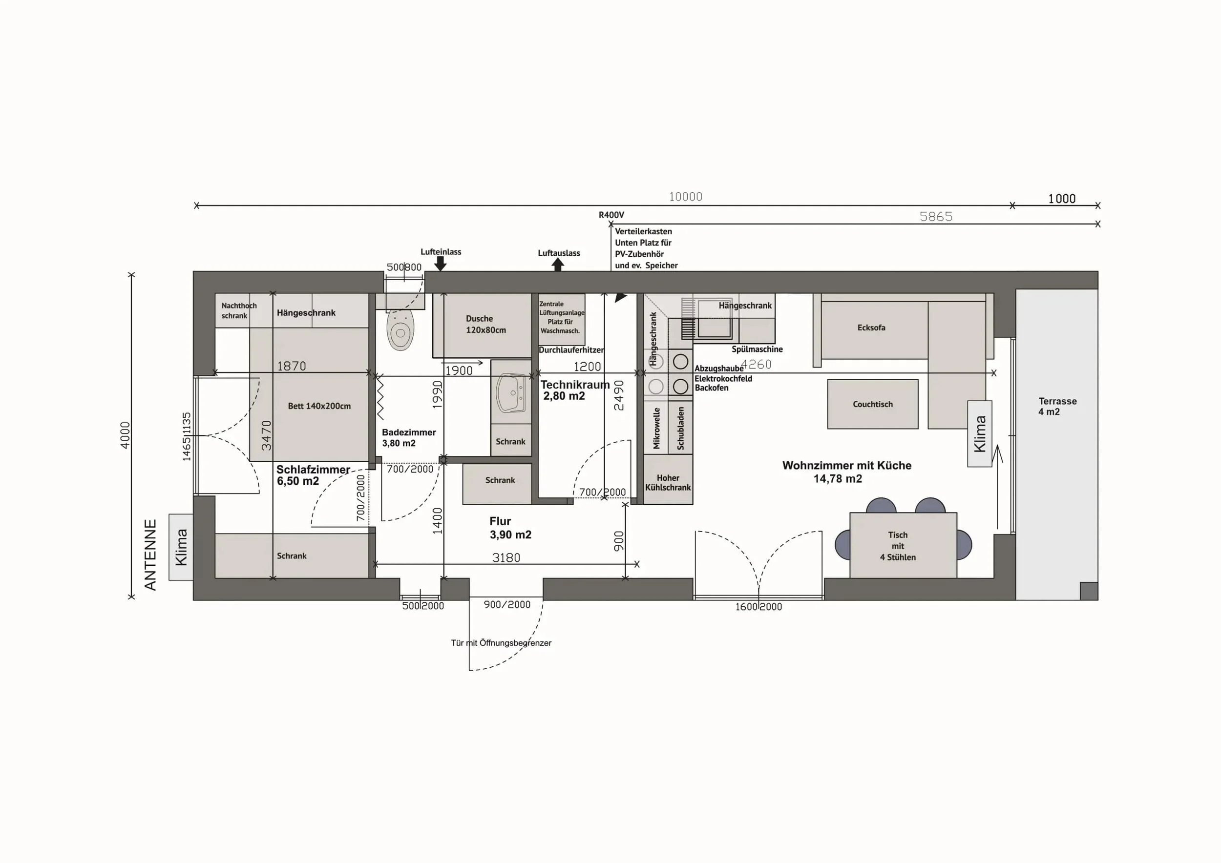 Grundriss MW44-1-A — Wohnzimmer mit Küche und Terrasse links, Schlafzimmer rechts, Bad und Technikraum mittig (Technische Zeichnung. Möblierung zur Veranschaulichung)