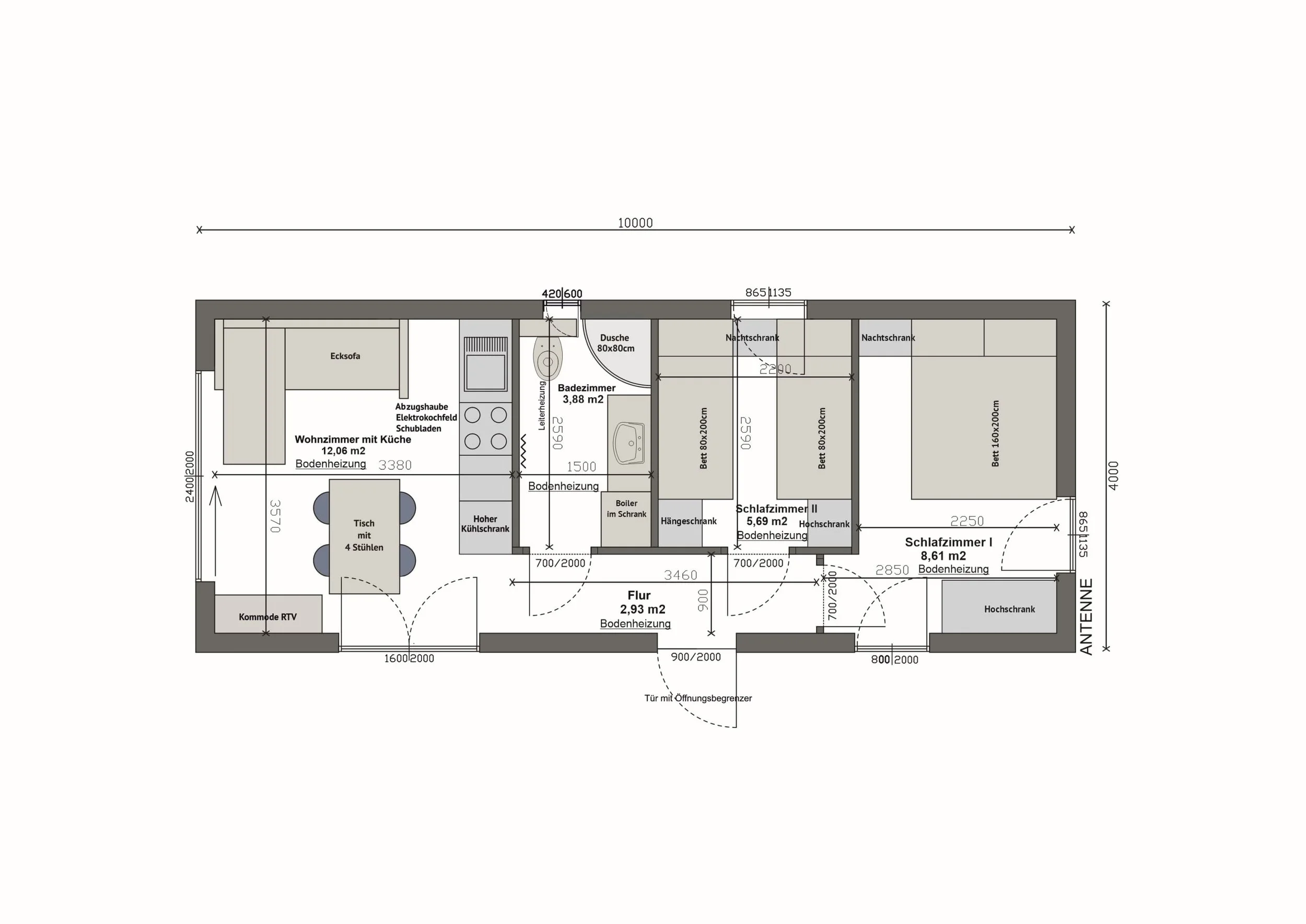 Grundriss MV40-2-A — zwei Schlafzimmer rechts, Bad und Flur mittig, Wohnzimmer mit Küche links (Technische Zeichnung. Möblierung zur Veranschaulichung)