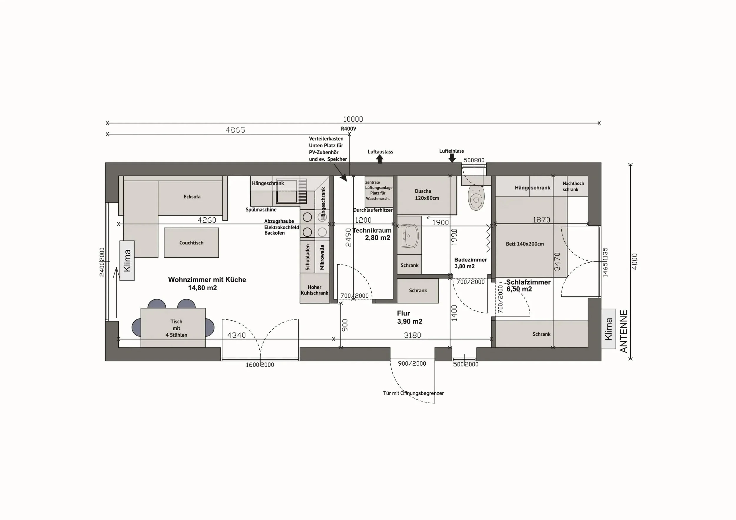 Grundriss MW40-1-B — Wohnzimmer mit Küche links, Bad und Technikraum mittig, 1 Schlafzimmer rechts (Technische Zeichnung. Möblierung zur Veranschaulichung)