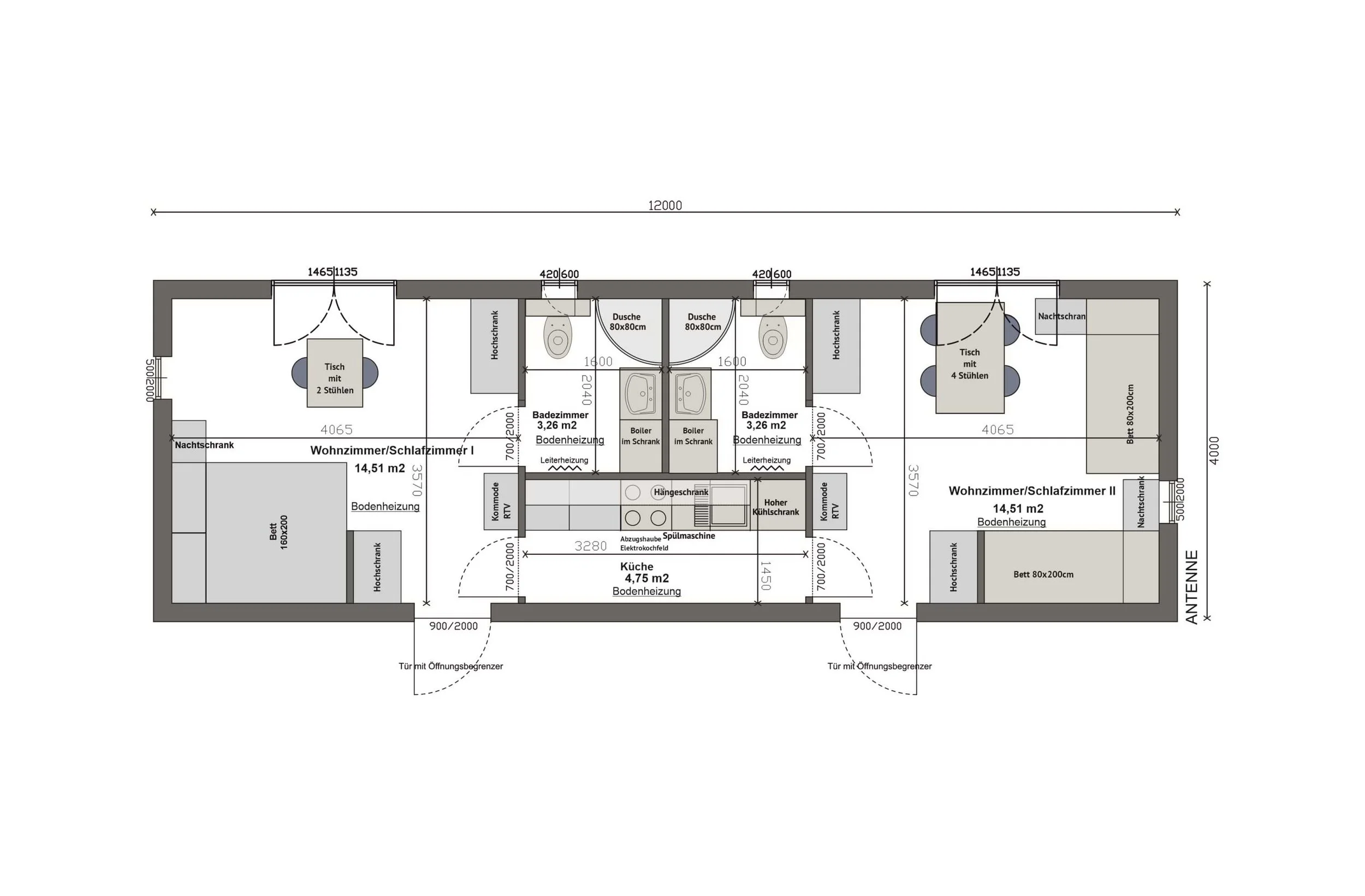 Grundriss MV48-6 — zwei Wohn-/Schlafzimmer mit je eigenem Eingang und Bad, zentrale Gemeinschaftsküche (Technische Zeichnung. Möblierung zur Veranschaulichung)