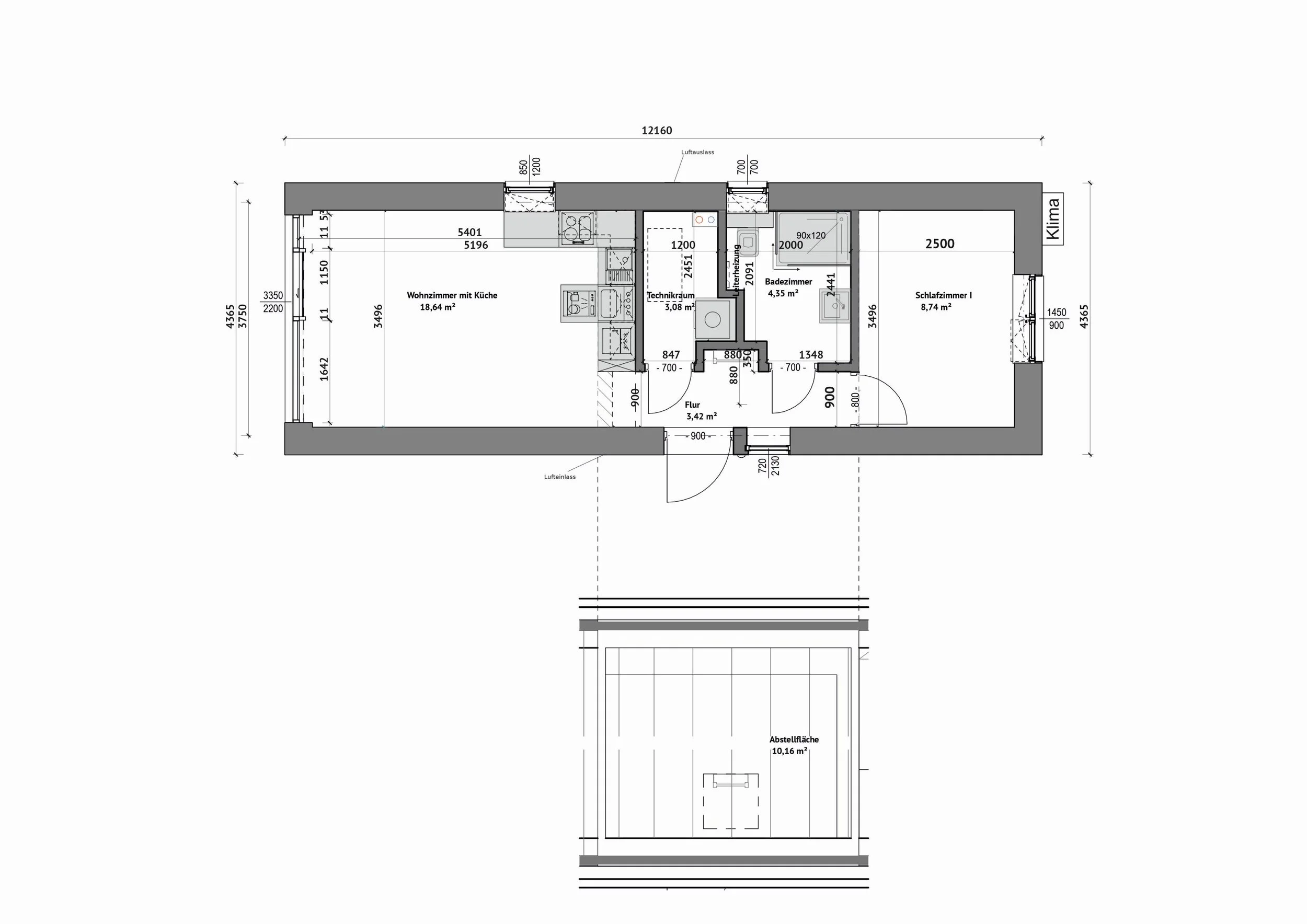 Grundriss MBI-012-C — Wohnzimmer mit Küche 18,64 m² links, Technikraum 2,52 m² und Badezimmer 4,91 m² mittig, Schlafzimmer 8,74 m² rechts, Abstellfläche im Dachgeschoss 10,16 m² (Technische Zeichnung. Möblierung zur Veranschaulichung)