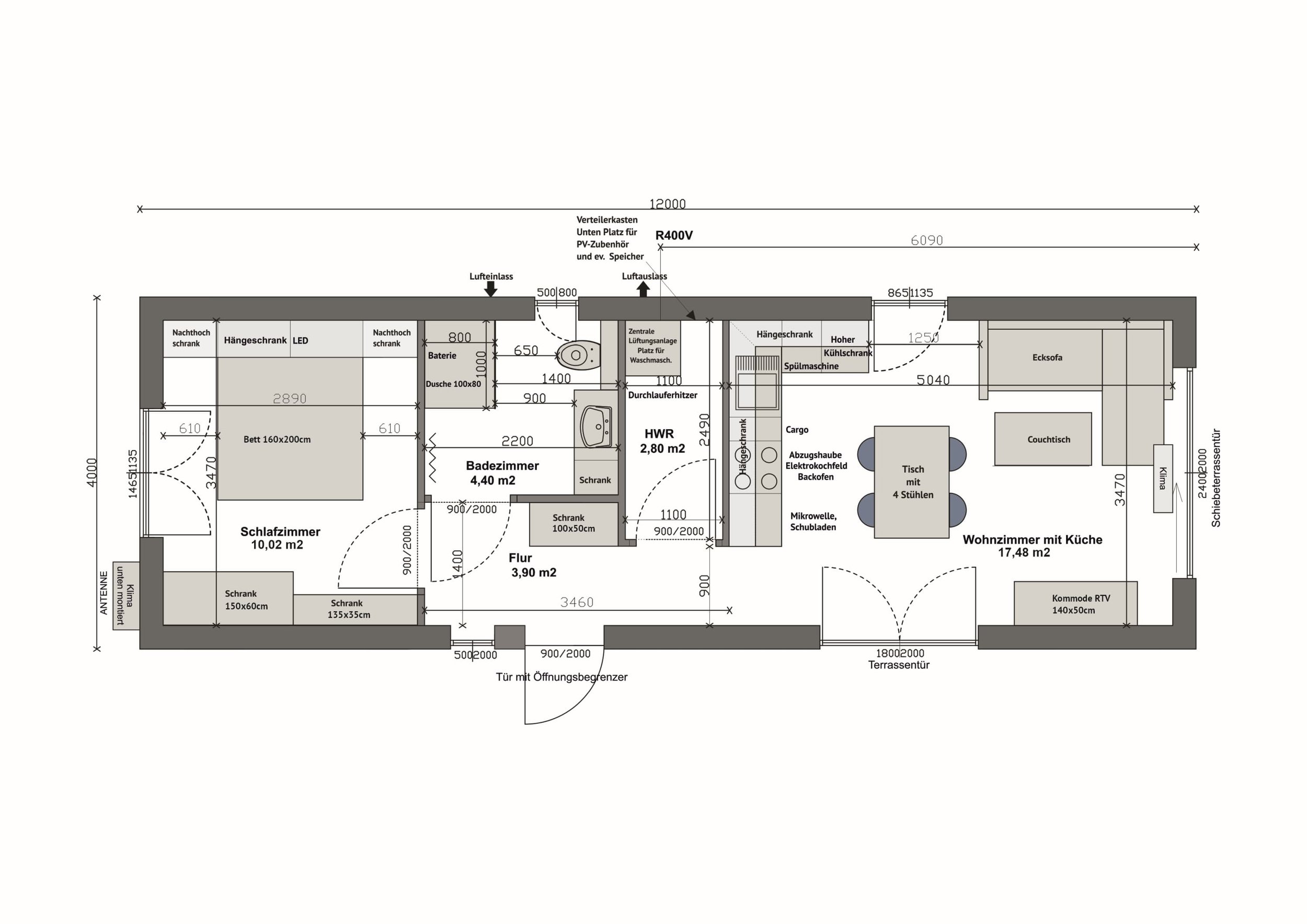 Grundriss MS48-2-A — 1 Schlafzimmer links (10,02 m²), Bad, Flur und HWR mittig, Wohnzimmer mit Küche rechts (17,48 m²), Schiebeterrassentür rechts (Technische Zeichnung. Möblierung zur Veranschaulichung)