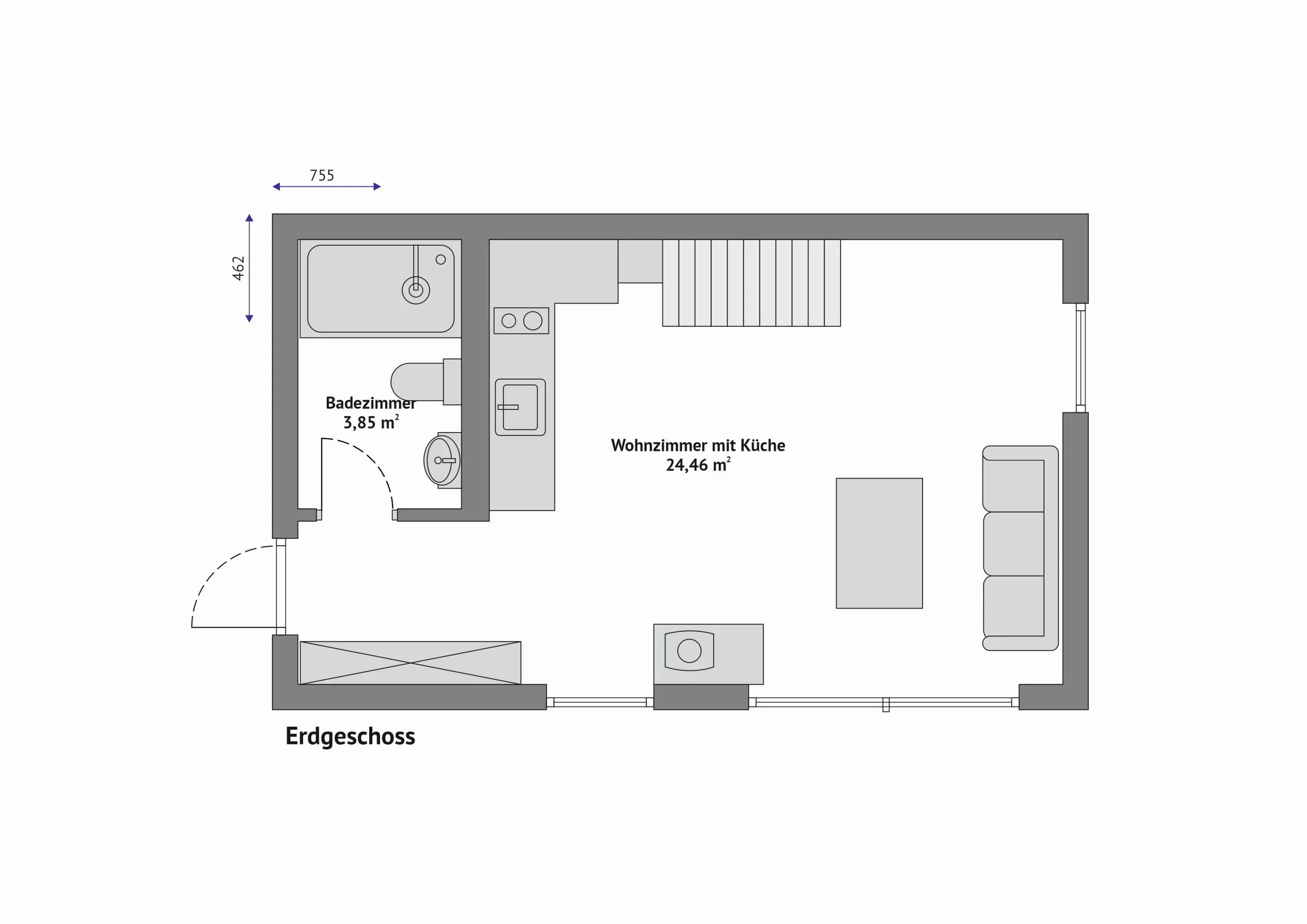 Grundriss FH-DH35-3 — Erdgeschoss mit Badezimmer und Küchenzeile links, offenem Wohnzimmer rechts, Treppe an der Rückwand und Terrassentür zur Längsseite (Technische Zeichnung. Möblierung zur Veranschaulichung)