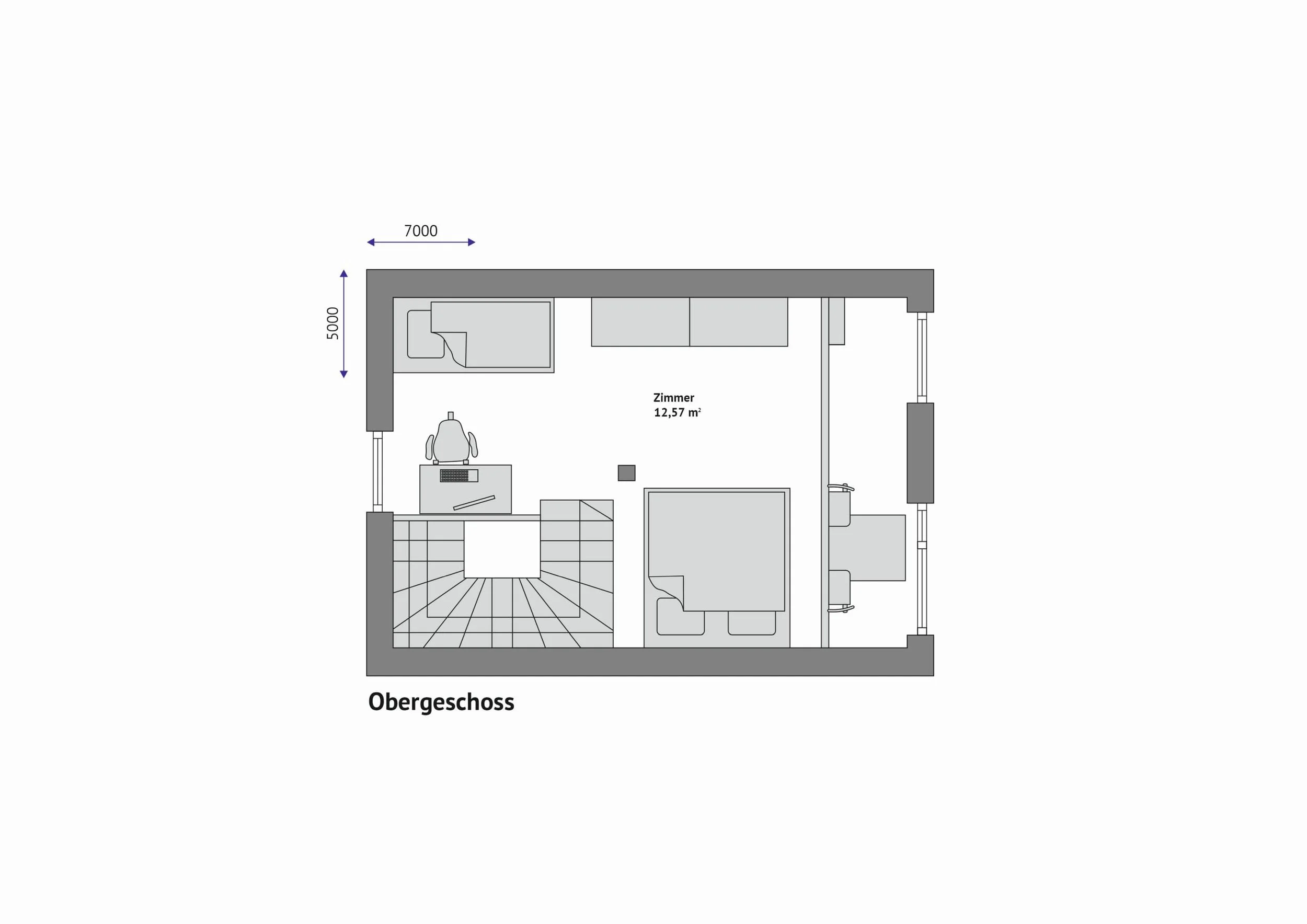 Grundriss FH-ST50 — Obergeschoss mit offenem Galeriezimmer und Treppenaufgang (Technische Zeichnung. Möblierung zur Veranschaulichung)