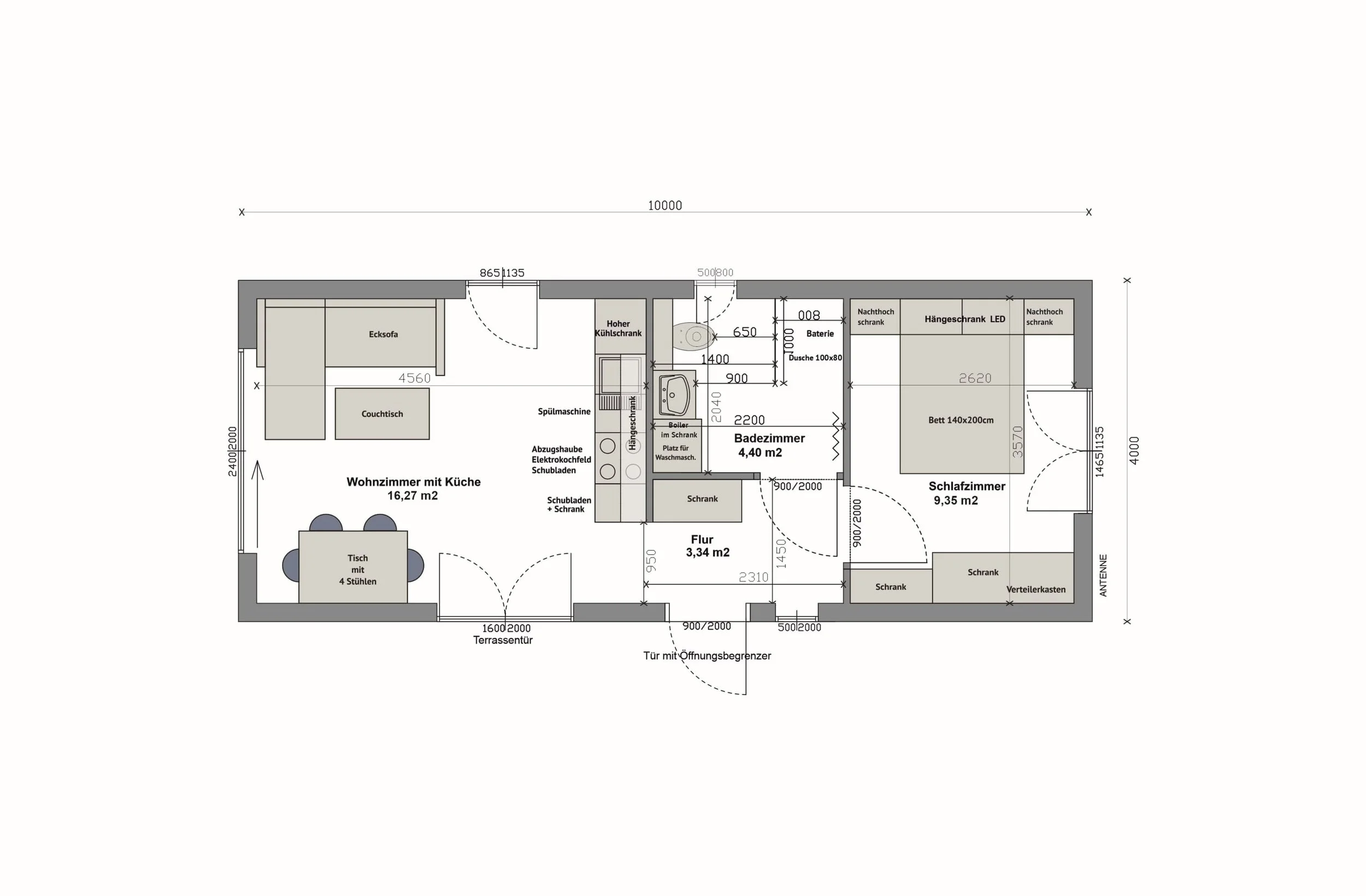 Grundriss MS40-1-A — Wohnzimmer mit Küche links, Bad und Flur mittig, Schlafzimmer rechts (Technische Zeichnung. Möblierung zur Veranschaulichung)