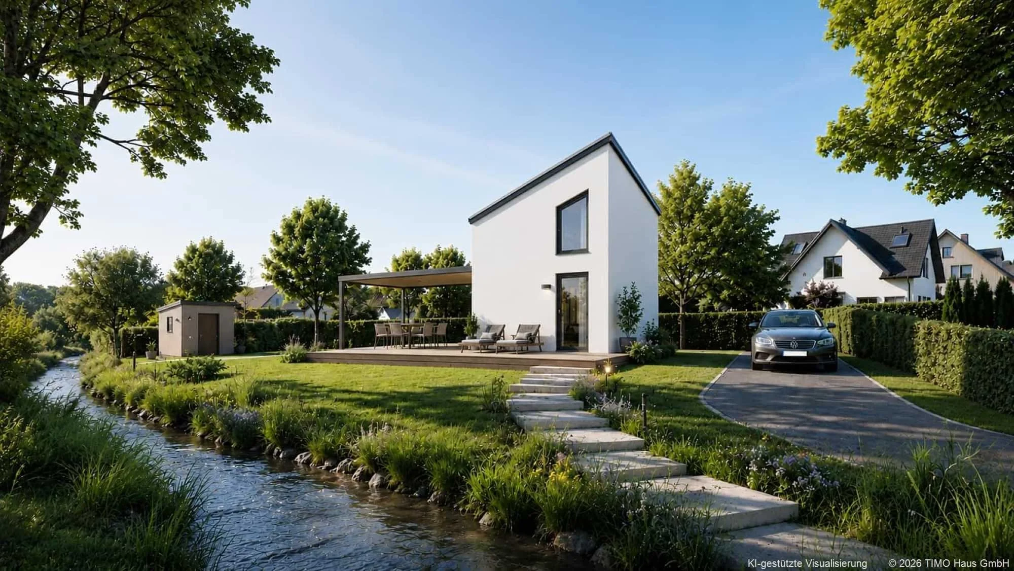 Haus FH-DH35-3 — Außenansicht von der Gartenseite mit weiß verputzter Fassade, Pultdach, vorgelagerter Holzterrasse und Pergola (KI-gestützte Visualisierung)