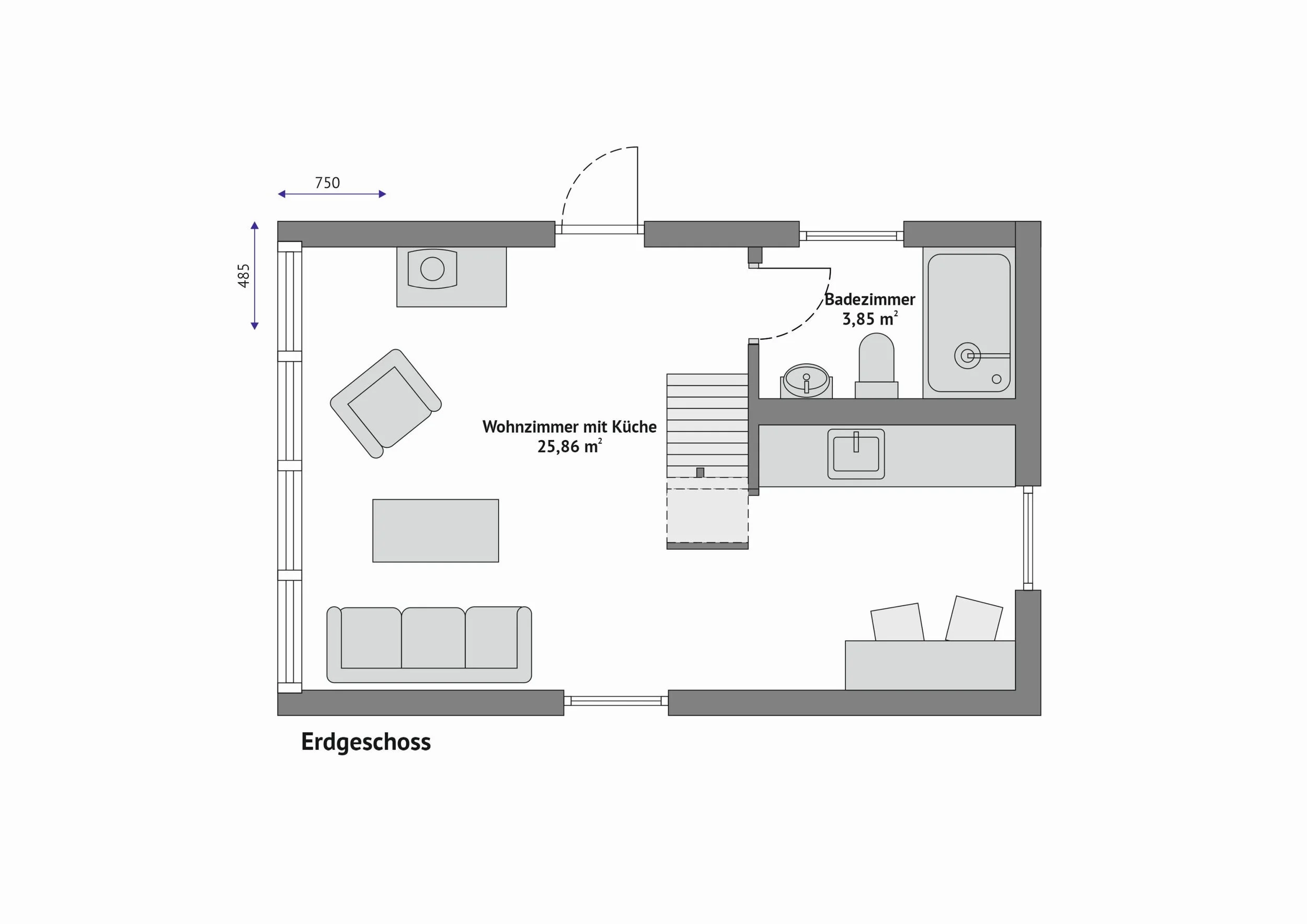 Grundriss FH-DH35-1 — Erdgeschoss mit Wohnzimmer und offener Küche (25,86 m²), Badezimmer (3,85 m²) und Treppe ins Obergeschoss (Technische Zeichnung. Möblierung zur Veranschaulichung)