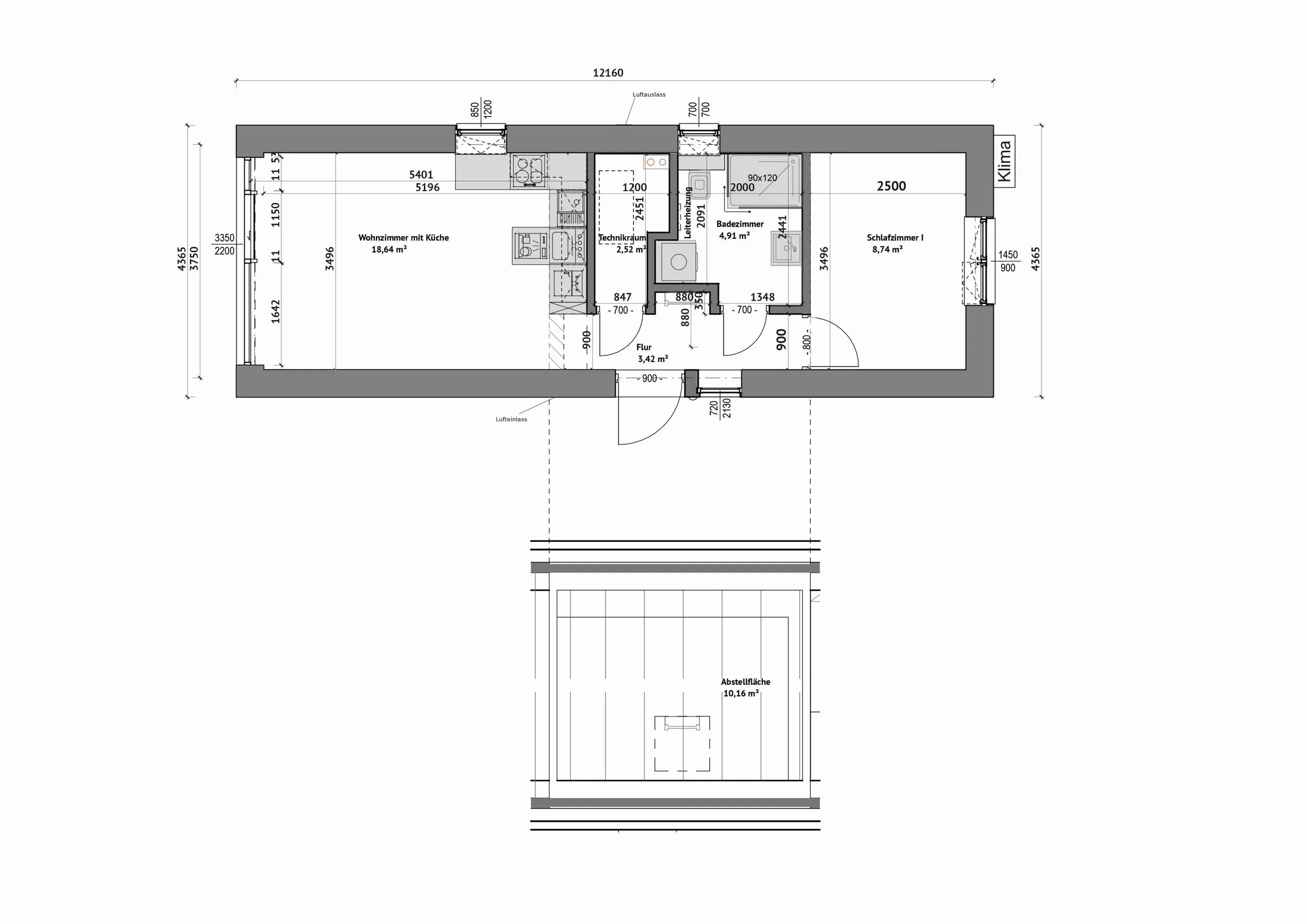 Grundriss MBI-012-B — Wohnzimmer mit Küche 18,64 m² links, Technikraum 2,82 m² und Badezimmer 4,65 m² mittig, Schlafzimmer 8,74 m² rechts, Abstellfläche im Dachgeschoss 10,16 m² (Technische Zeichnung. Möblierung zur Veranschaulichung)