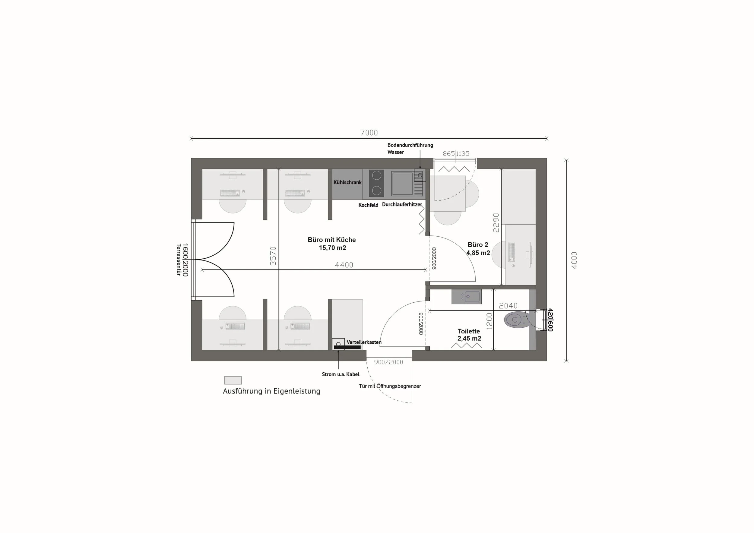 Grundriss MB28-3 — Büro mit Küche 15,70 m² links, zweites Büro 4,85 m² rechts oben, Toilette 2,45 m² rechts unten, Außenmaß 7×4 m (Technische Zeichnung. Möblierung zur Veranschaulichung)