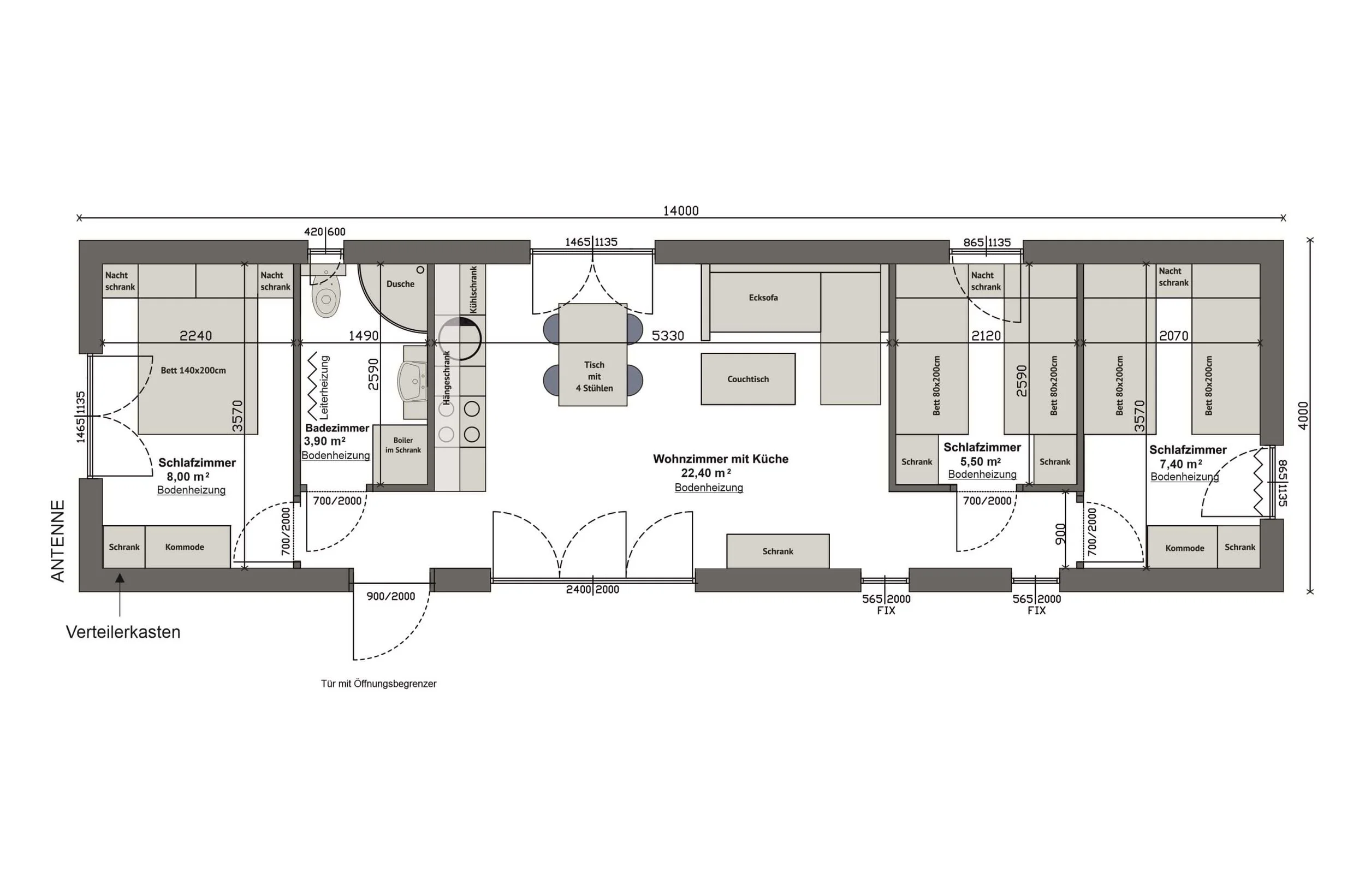Grundriss MV56-3 — Schlafzimmer mit Doppelbett links, Bad, Wohnzimmer mit Küche mittig, zwei Schlafzimmer rechts, 14 × 4 m (Technische Zeichnung. Möblierung zur Veranschaulichung)