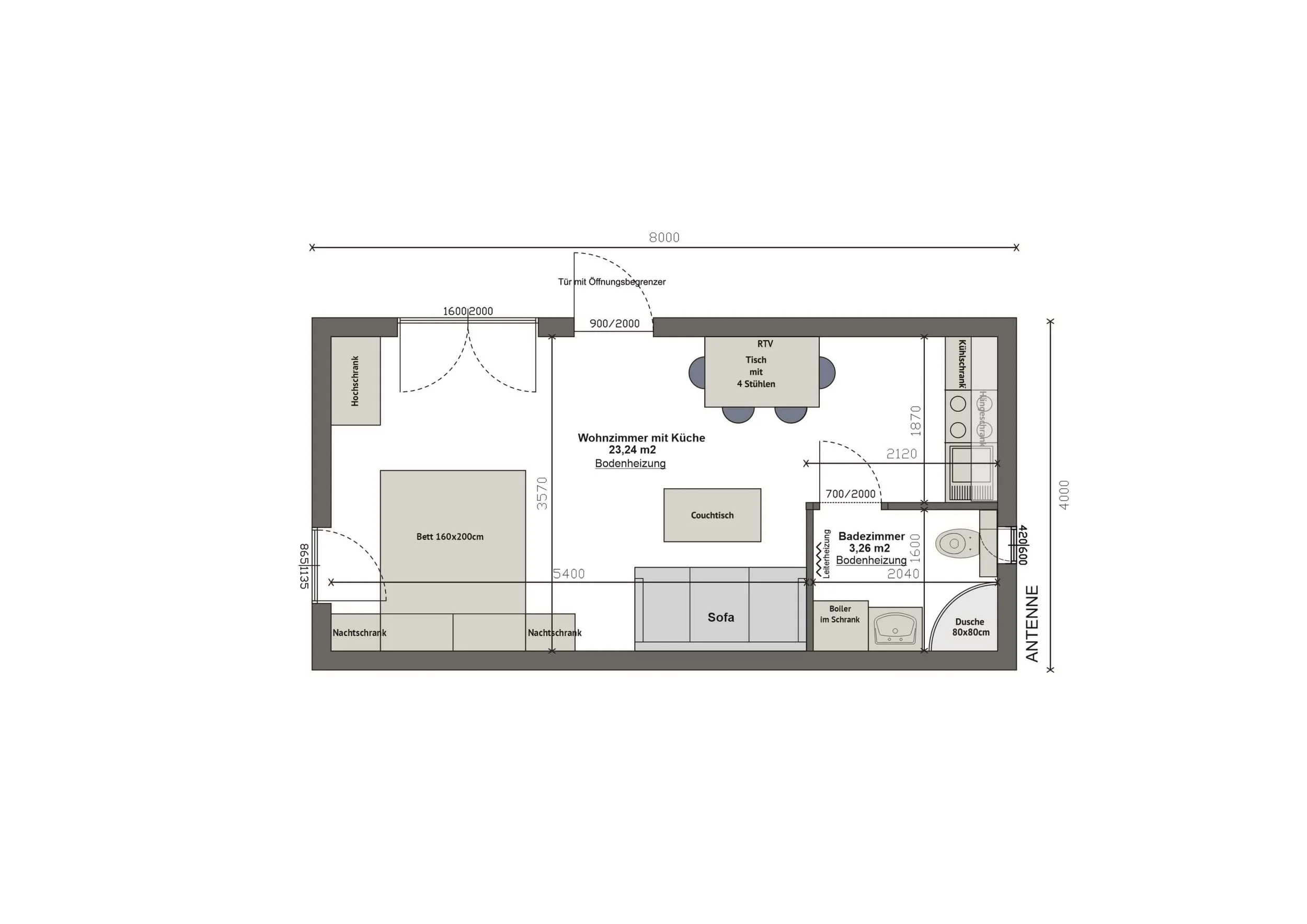 Grundriss MV32 — Schlafbereich links, Wohnen mit Küche mittig, Badezimmer rechts (Technische Zeichnung. Möblierung zur Veranschaulichung)