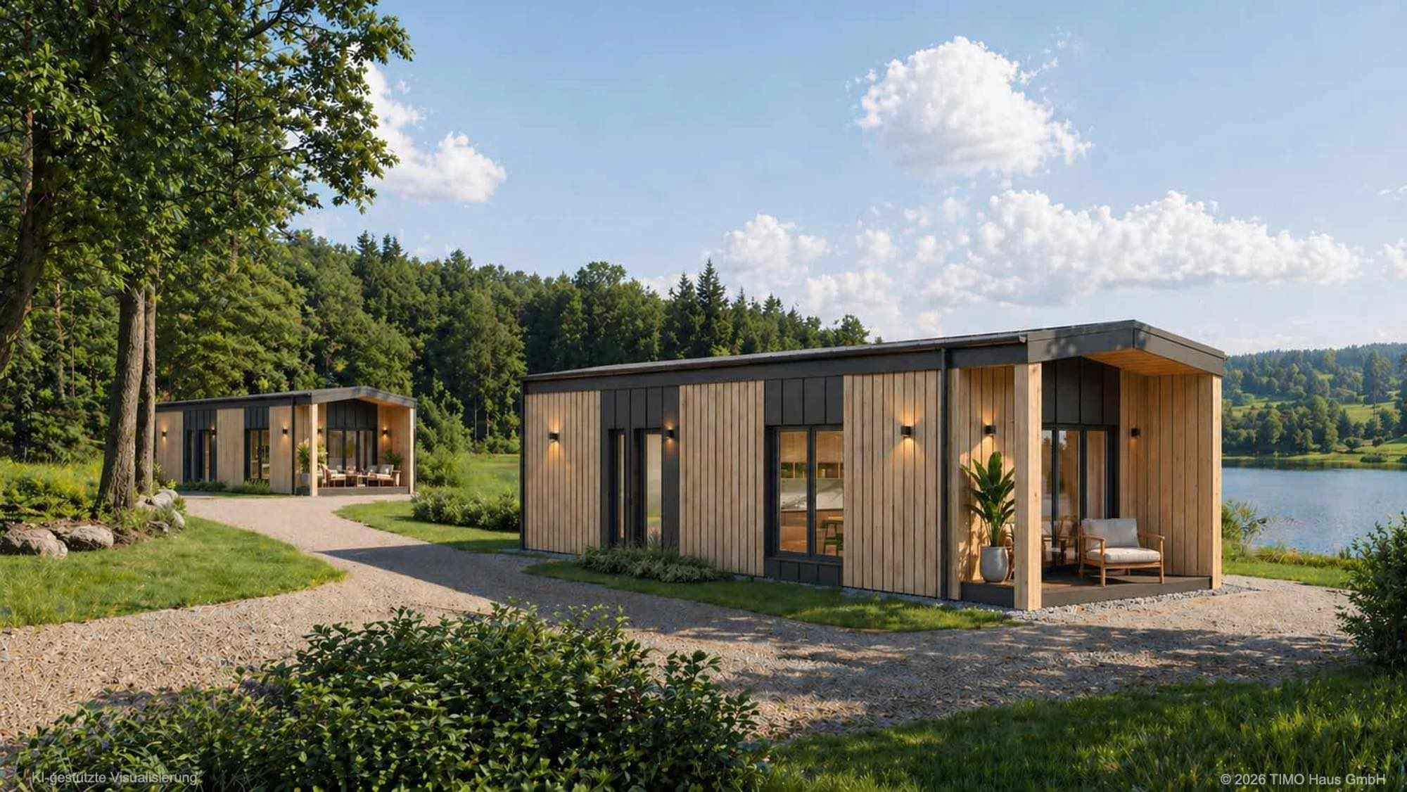 Haus MW44-2 — Außenansicht am Seeufer mit zweitem Modulhaus, überdachter Terrasse und Sessel (KI-gestützte Visualisierung)