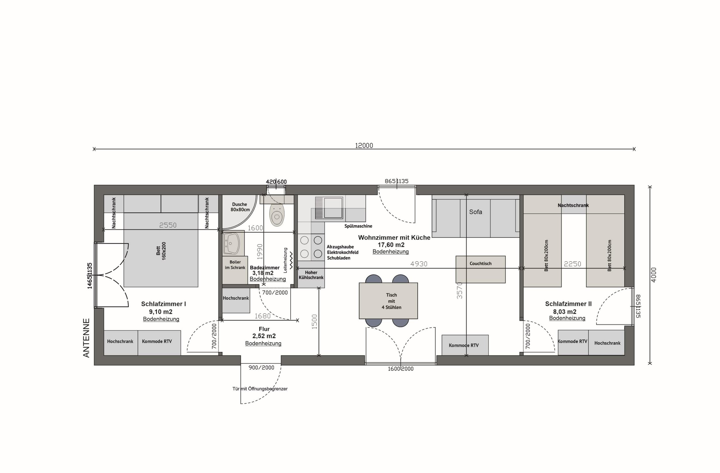 Grundriss MV48-4-A — Variante ohne Terrasse, 12,00 × 4,00 m: Zimmer I 9,10 m² (Bett 160×200), Zimmer II 8,03 m² (zwei Betten 80×200), Bad 3,18 m², Flur 2,52 m², Wohnzimmer mit Küche 17,60 m² (Technische Zeichnung. Möblierung zur Veranschaulichung)