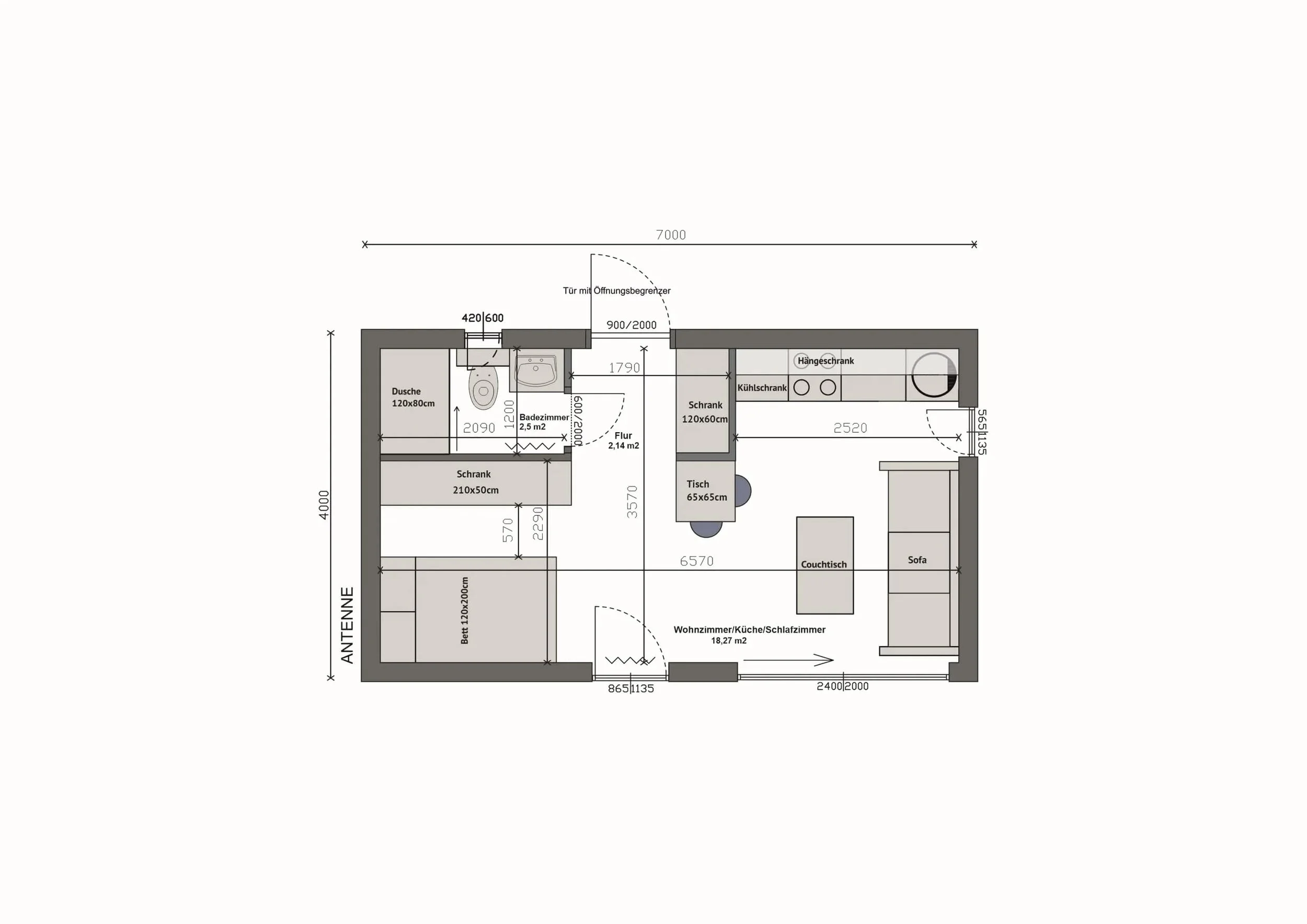 Haus MW28 — 2D-Grundriss 7×4 m, Dusche, Bad, Schlafzimmer links mit Bett 120×200, Küche/Wohnzimmer rechts
