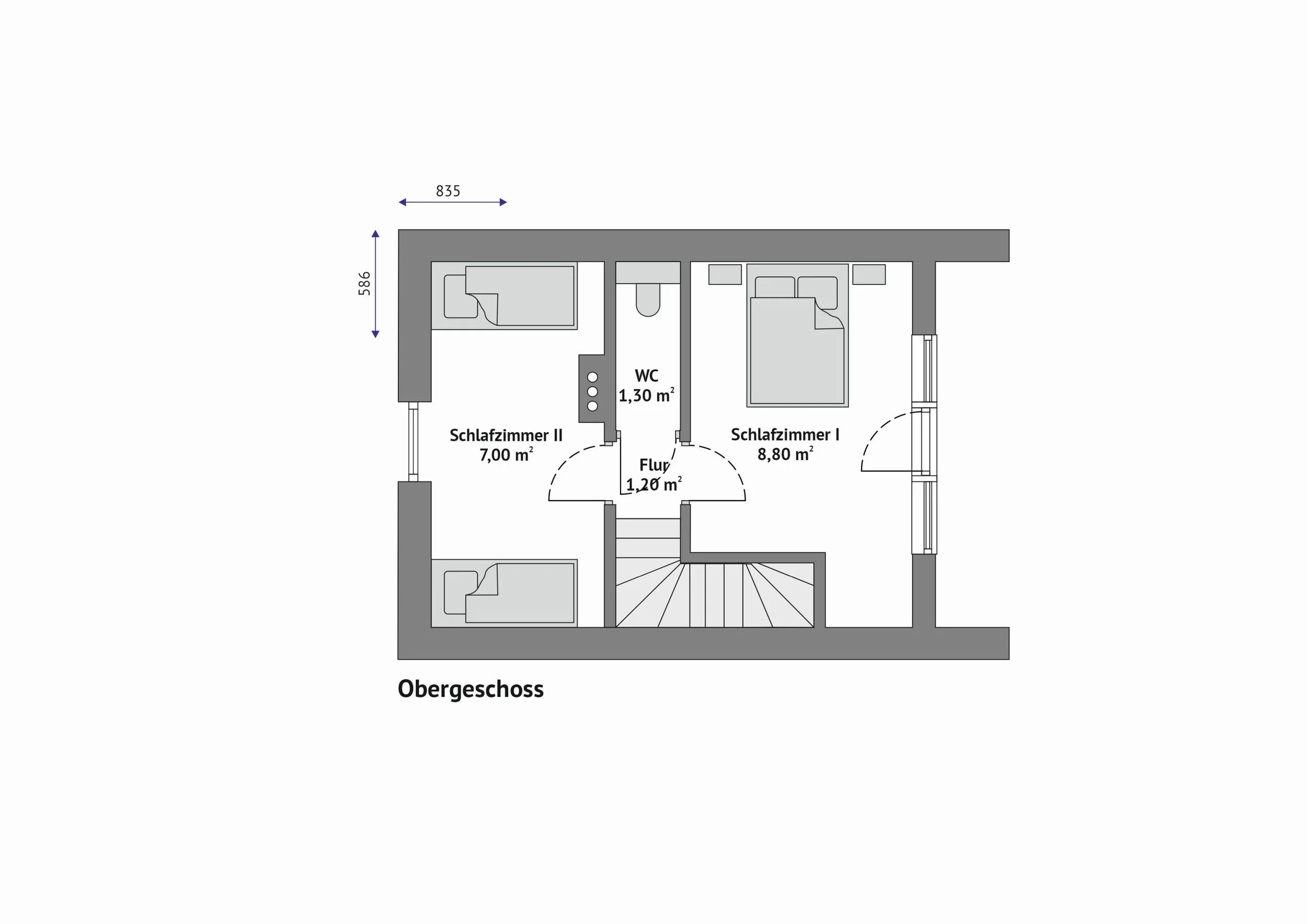 Grundriss FH-DH47-2P — Obergeschoss mit Schlafzimmer I 8,80 m², Schlafzimmer II 7,00 m², WC 1,30 m² und Flur 1,20 m², Treppe mittig (Technische Zeichnung. Möblierung zur Veranschaulichung)