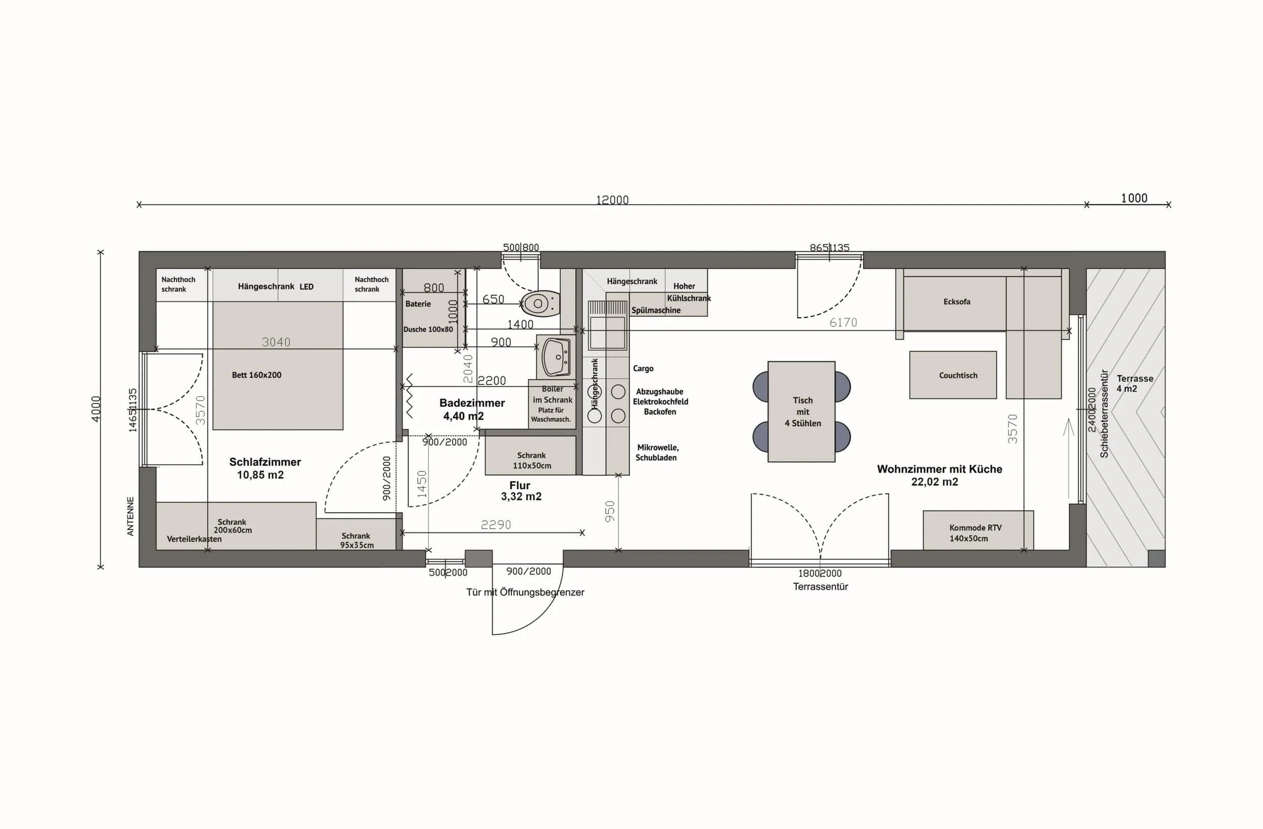 Grundriss MS52-1-A — 1 Schlafzimmer links, Bad und Flur mittig, Wohnzimmer mit Küche rechts, Terrasse rechts (Technische Zeichnung. Möblierung zur Veranschaulichung)
