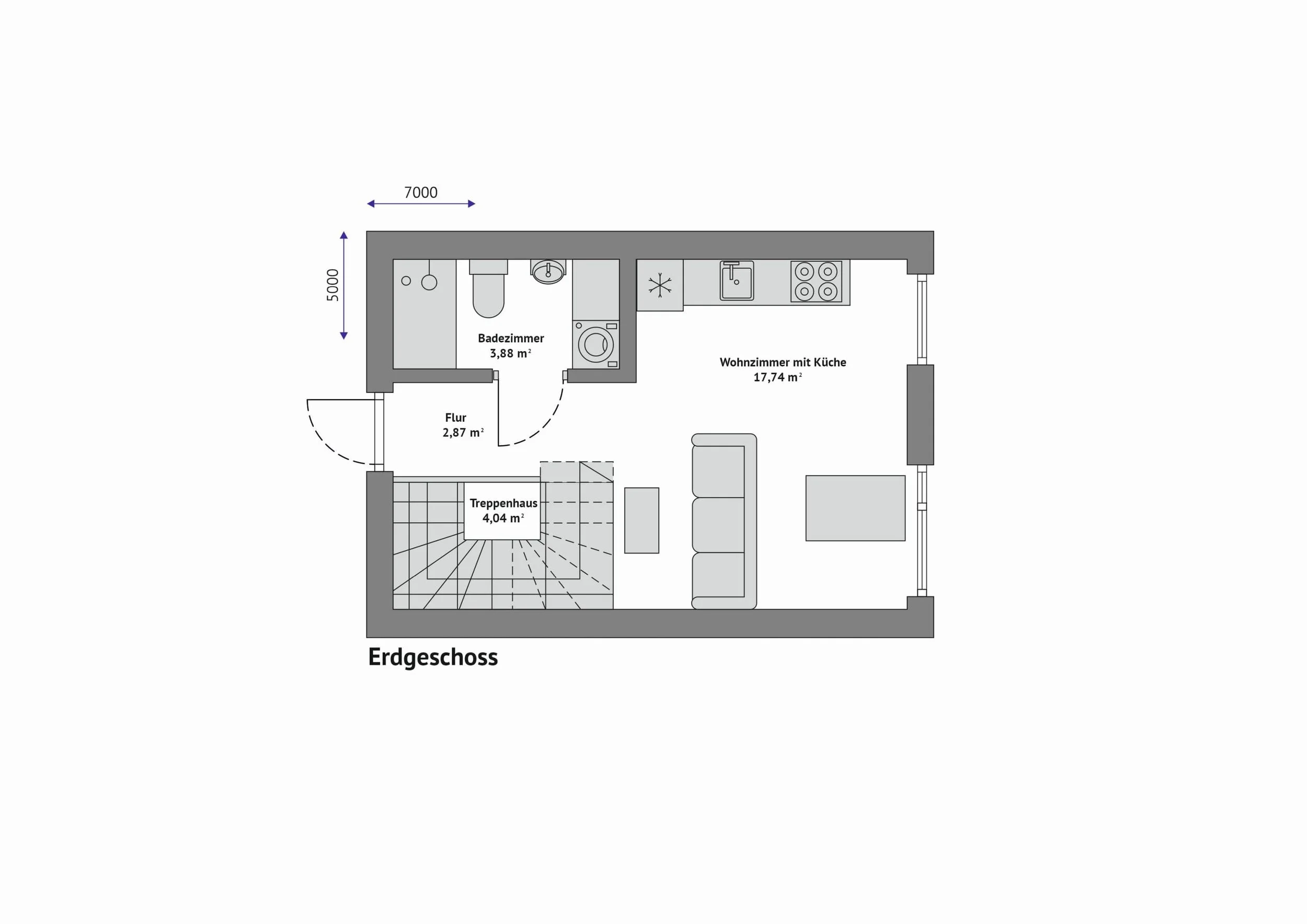 Grundriss FH-ST50 — Erdgeschoss mit Wohnzimmer und Küche, Treppenhaus, Flur und Badezimmer (Technische Zeichnung. Möblierung zur Veranschaulichung)