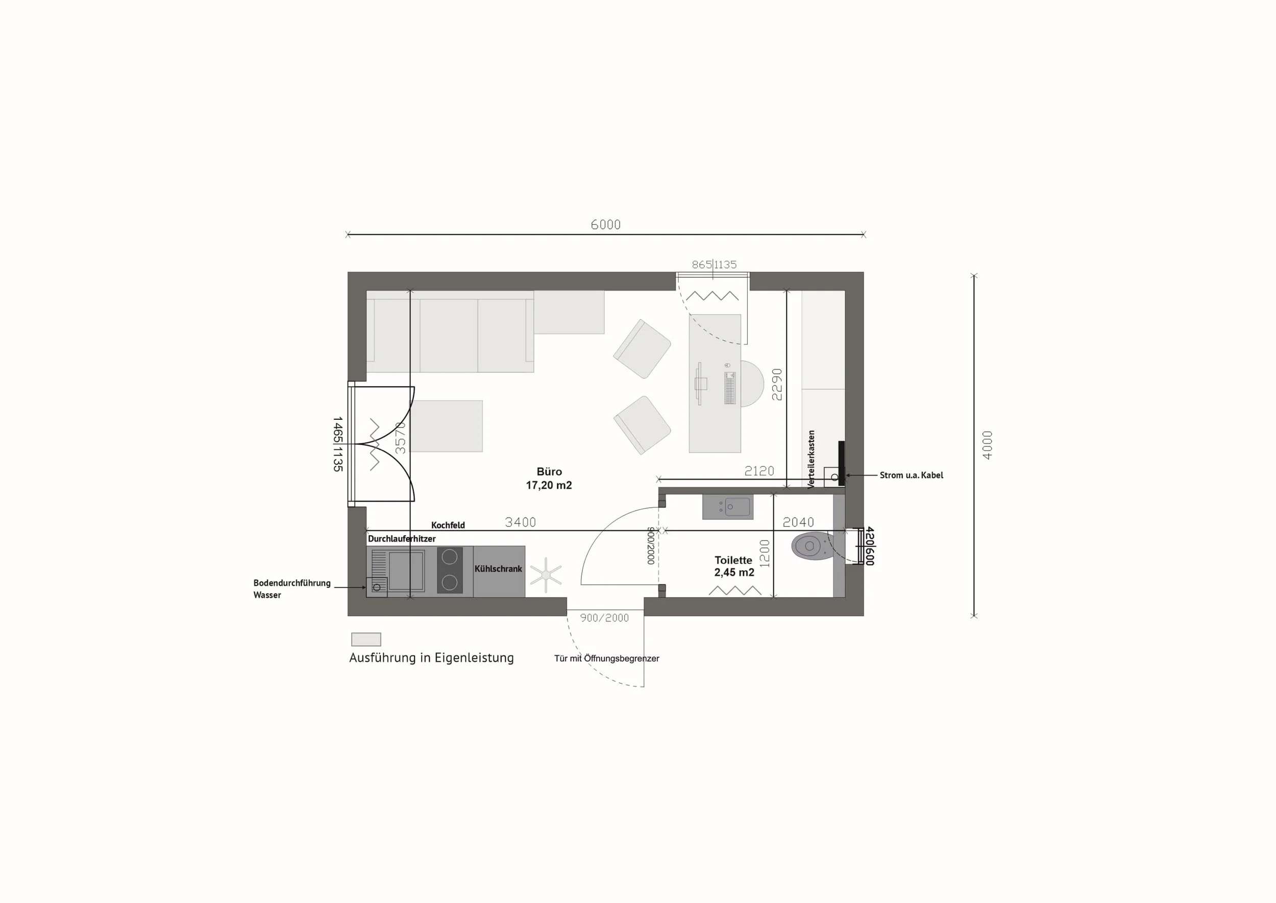 Grundriss MB24 — Büro 17,20 m² links mit Küchenzeile, Toilette 2,45 m² rechts (Technische Zeichnung. Möblierung zur Veranschaulichung)