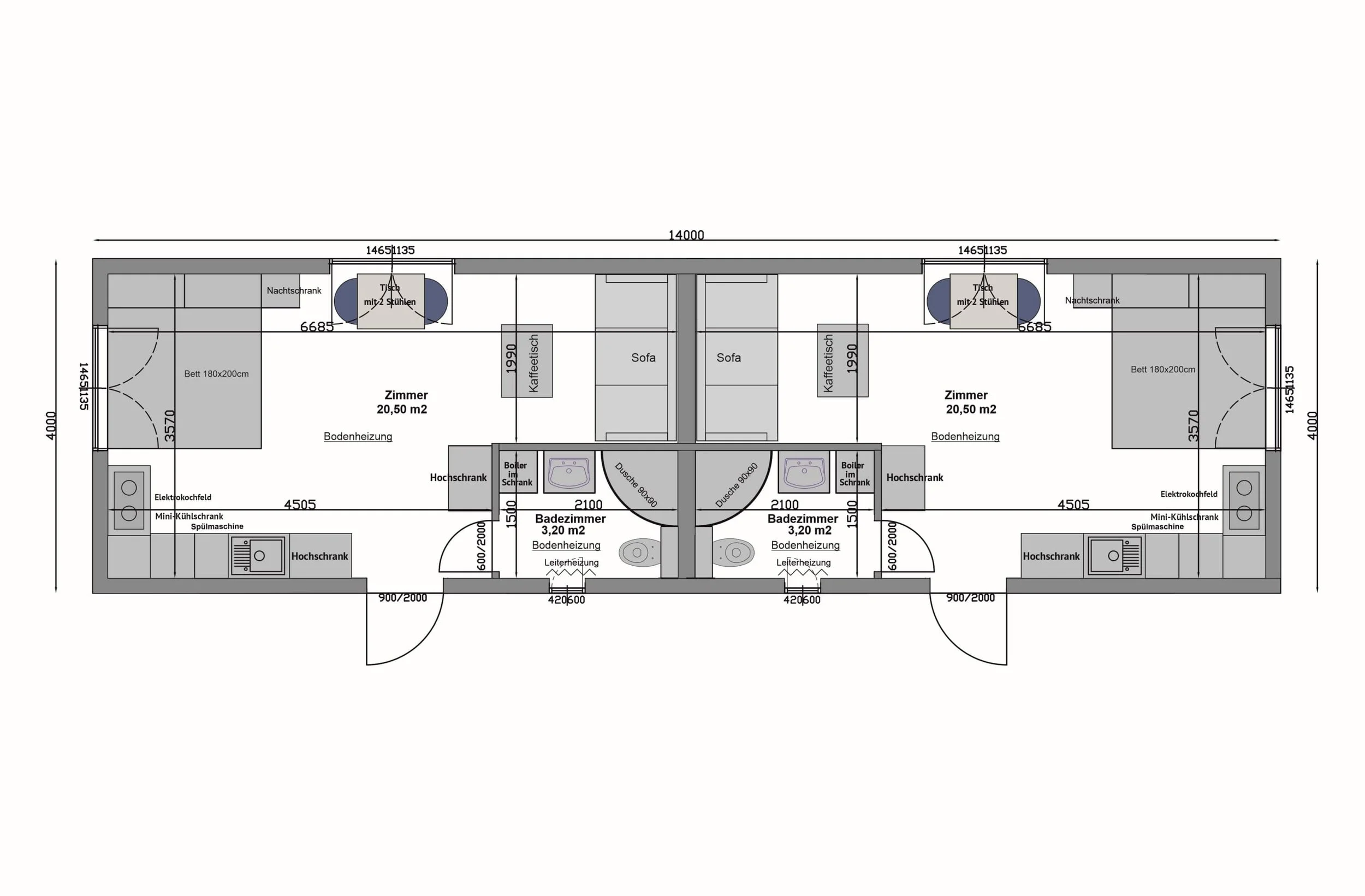 Grundriss MV56-2 — zwei gespiegelte Zimmer à 20,50 m² mit je eigenem Eingang, zwei Bäder à 3,20 m² in der Mitte, Küchenzeilen und Bodenheizung, Außenmaße 14,00 × 4,00 m (Technische Zeichnung. Möblierung zur Veranschaulichung)