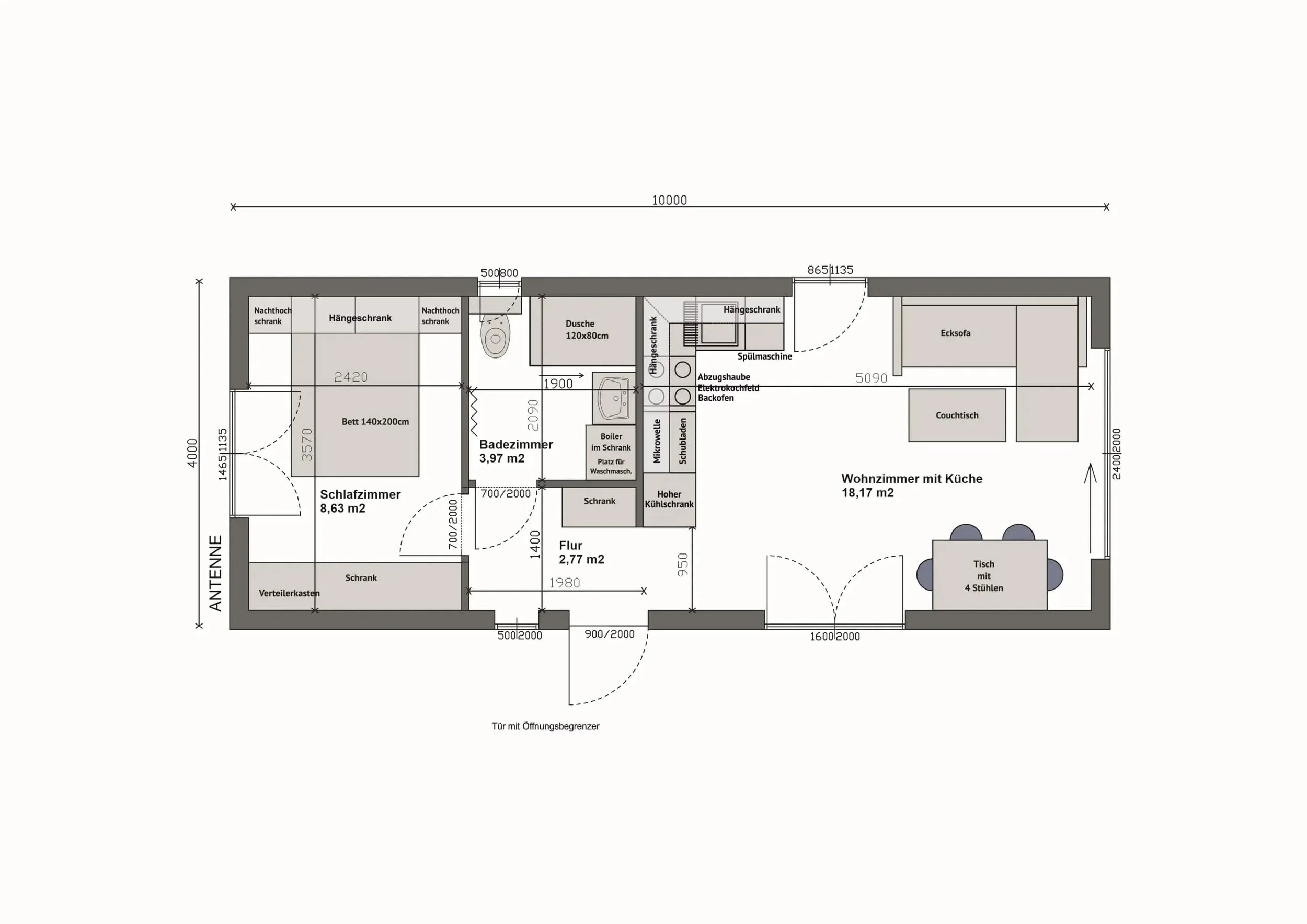 Grundriss MW40-2-A — 1 Schlafzimmer rechts, Bad und Flur mittig, Wohnzimmer mit Küche links (Technische Zeichnung. Möblierung zur Veranschaulichung)