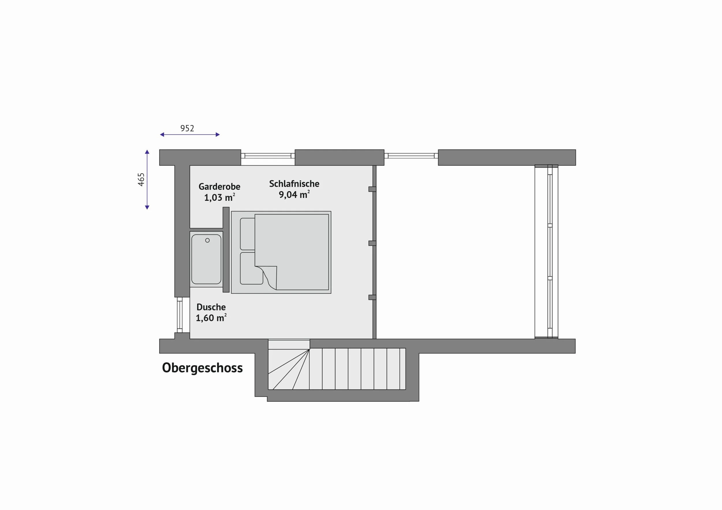 Grundriss Haus FH-DH55, Obergeschoss — Schlafnische (9,04 m²) mit Brüstung zum Luftraum, Dusche (1,60 m²) und Garderobe (1,03 m²); rechts der offene Luftraum über dem Wohnbereich (Technische Zeichnung. Möblierung zur Veranschaulichung)