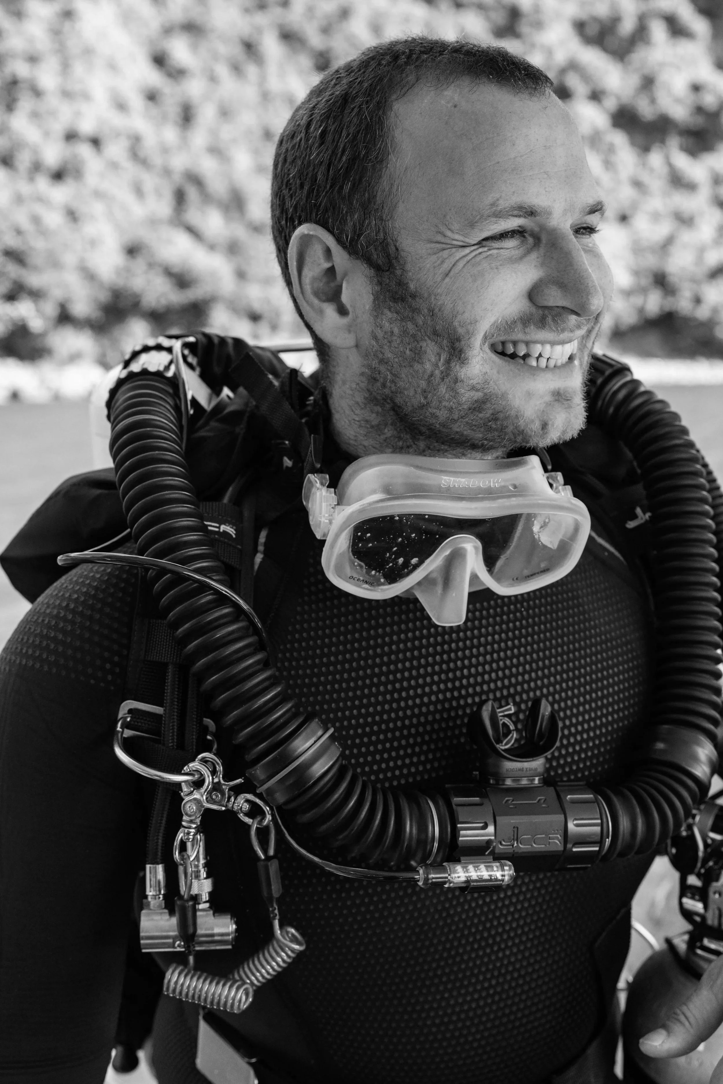 Woody Spark, award-winning underwater cinematographer and co-founder of Grumpy Turtle Films, pictured in rebreather diving equipment