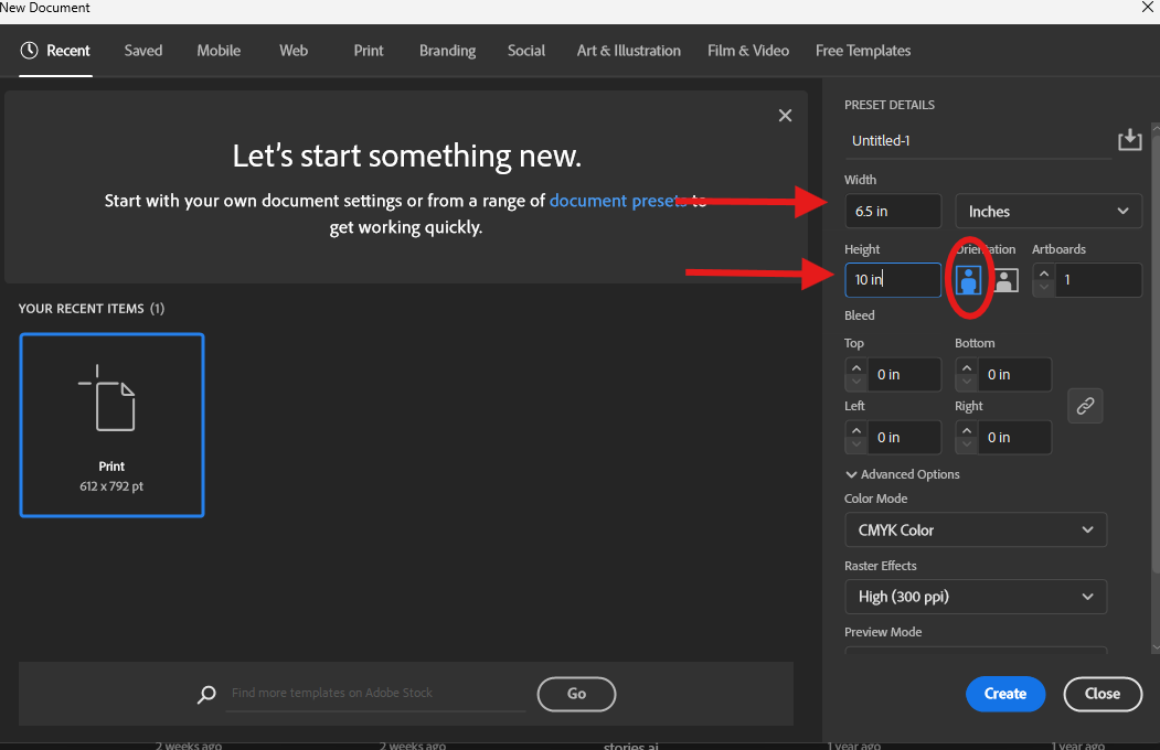Adobe illustrator program is open and showing how to set artboard height and width dimensions