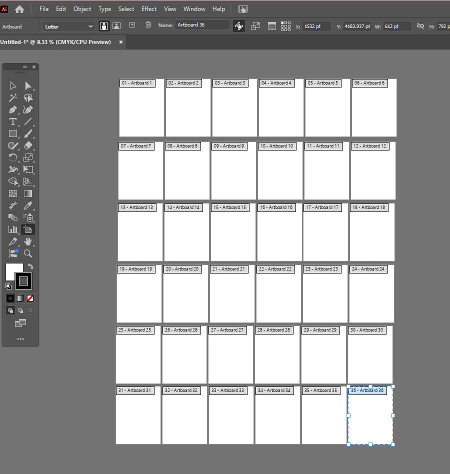 Adobe Illustrator window open showing how artboards are laid out for page tiling