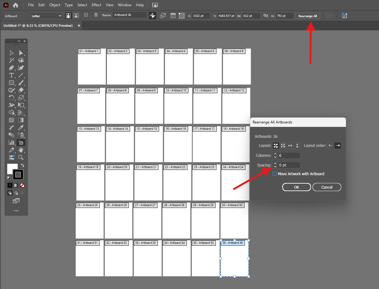 Adobe Illustrator window is open showing how to rearrange artboards