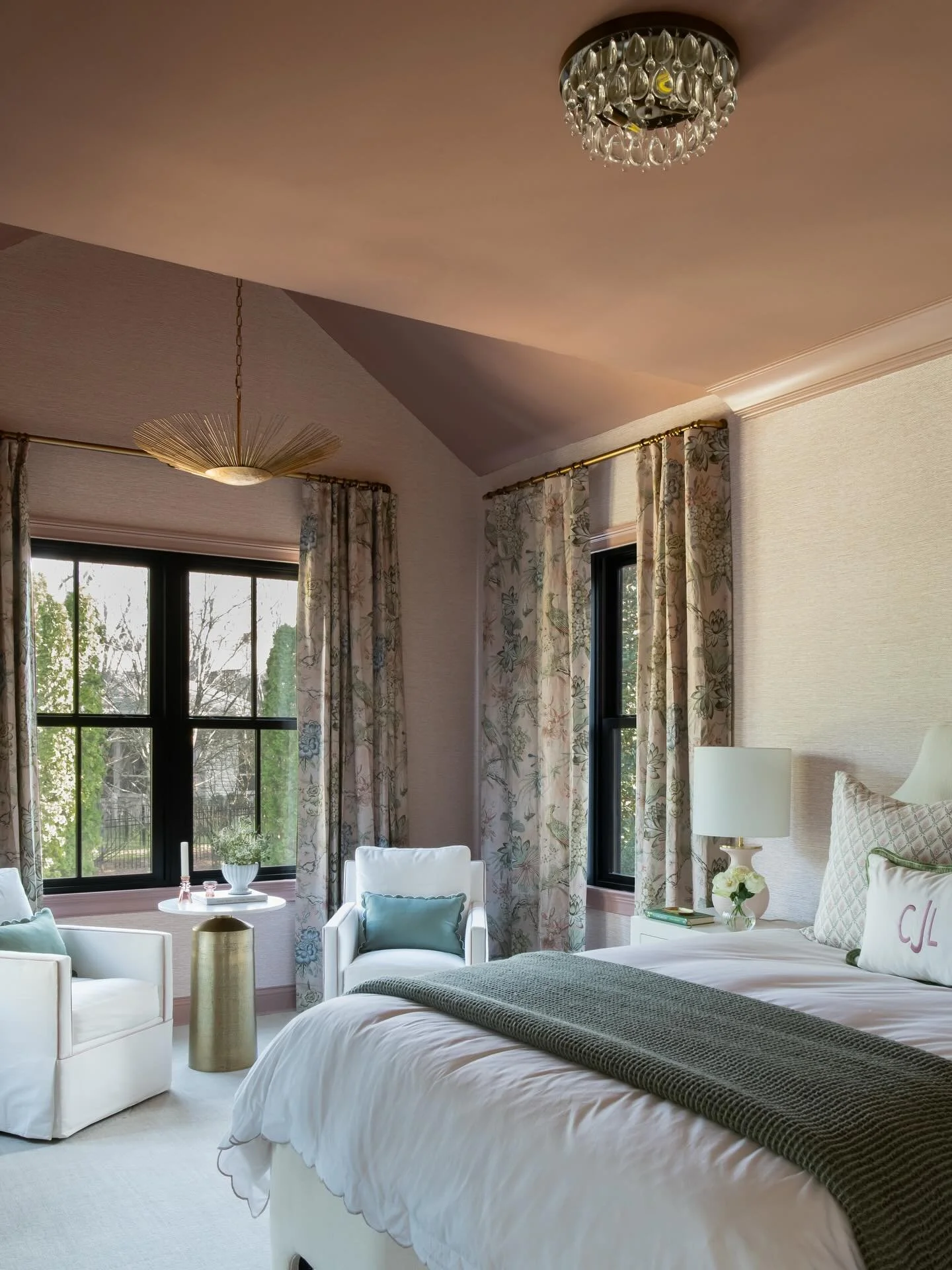 The bedroom for when your daughter comes home from college. 🤍 The client wanted their daughter&rsquo;s room to feel soft and sophisticated using pinks and greens. After countless samples of pink shades&hellip; we landed on this rich pink hue as the 