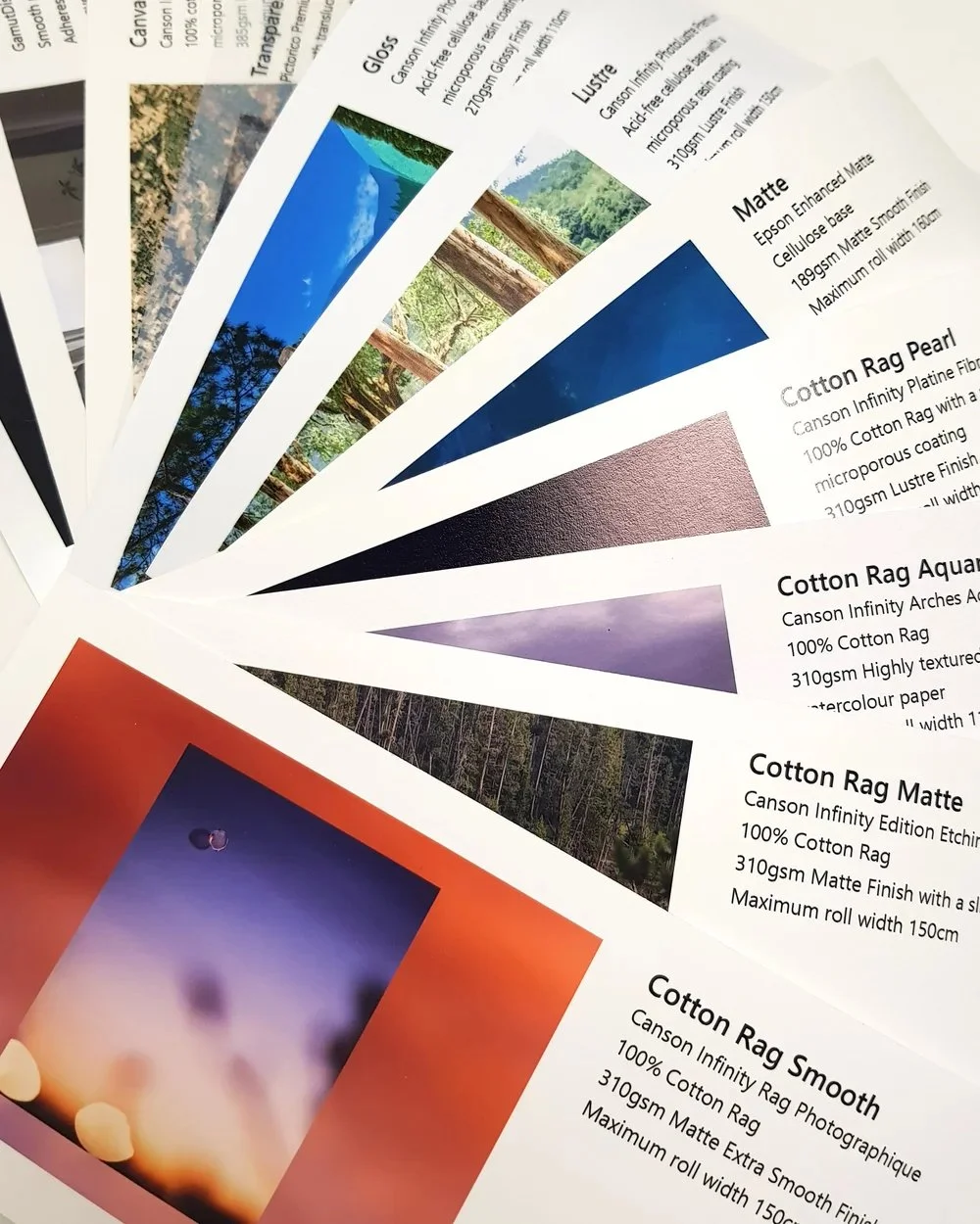 A variety of sample paper stock types