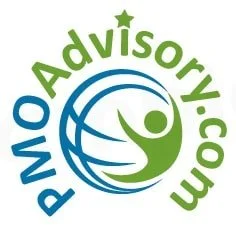 Logo of PMOAdvisory.com with a blue and green design featuring a stylized figure and star.