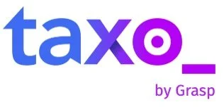 Logo with the word "taxo" in gradient blue to pink, featuring an underscore, and "by Grasp" written below in pink.