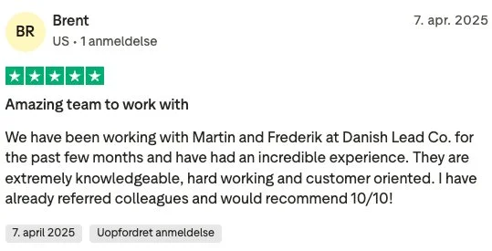 Trustpilot review from Greg, Founder of BeyondMed, documenting the cold outbound system rebuild and the lead-volume and reply-rate lift Danish Lead Co. delivered