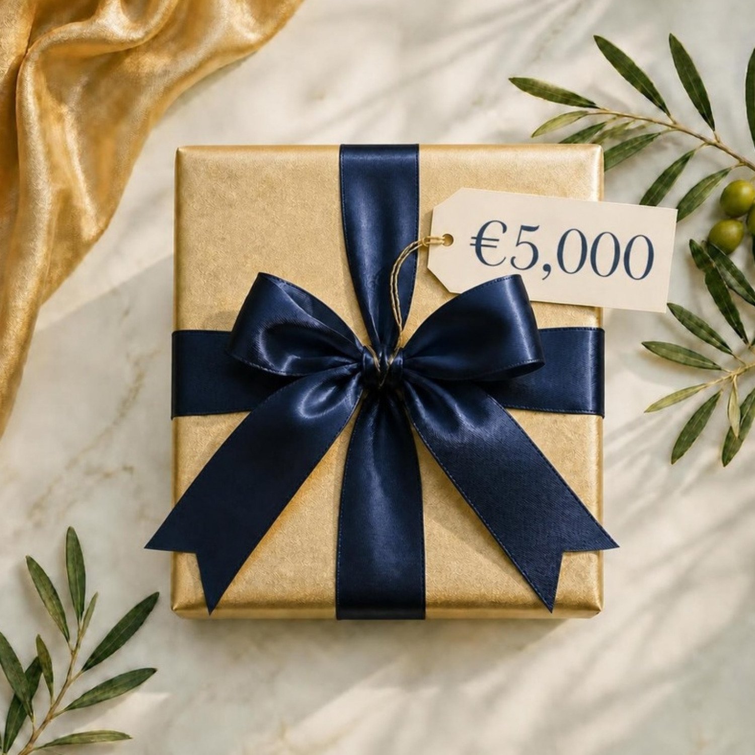 Gold gift box with midnight navy satin bow and €5,000 tag, Bluelime Bespoke private chef gift voucher, Mallorca