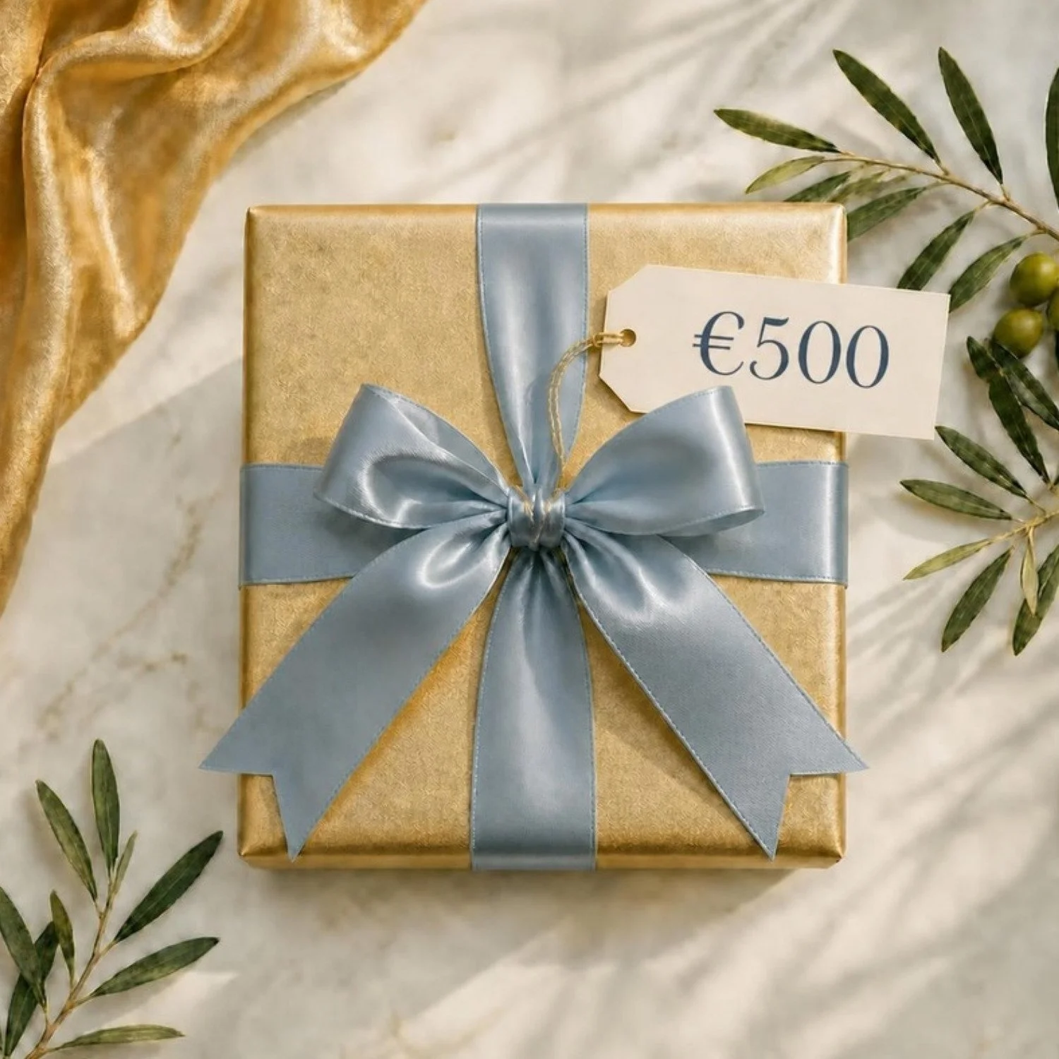 Gold gift box with steel blue satin bow and €500 tag, Bluelime Bespoke private chef gift voucher, Mallorca