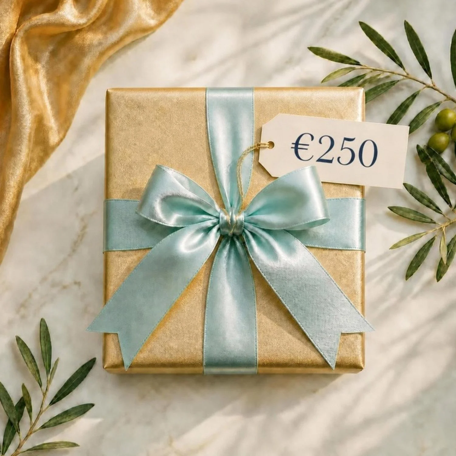 Gold gift box with pale aqua satin bow and €250 tag, Bluelime Bespoke private chef gift voucher, Mallorca