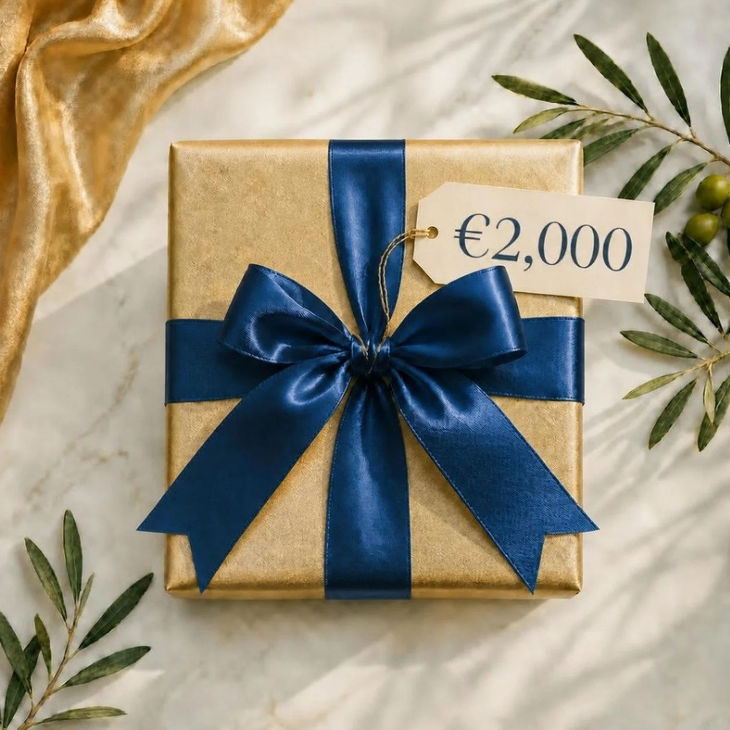 Gold gift box with ocean blue satin bow and €2,000 tag, Bluelime Bespoke private chef gift voucher, Mallorca