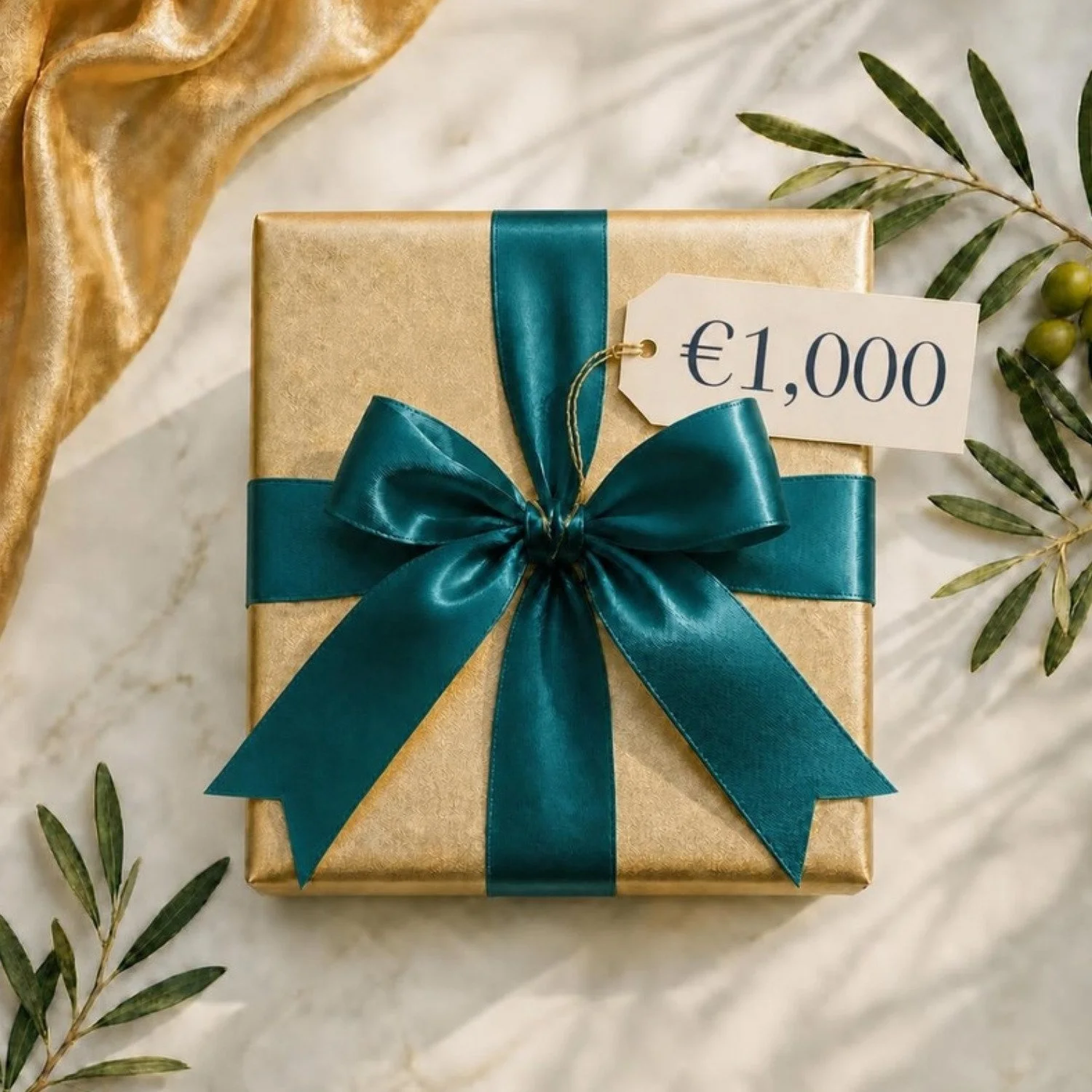 Gold gift box with teal satin bow and €1,000 tag, Bluelime Bespoke private chef gift voucher, Mallorca